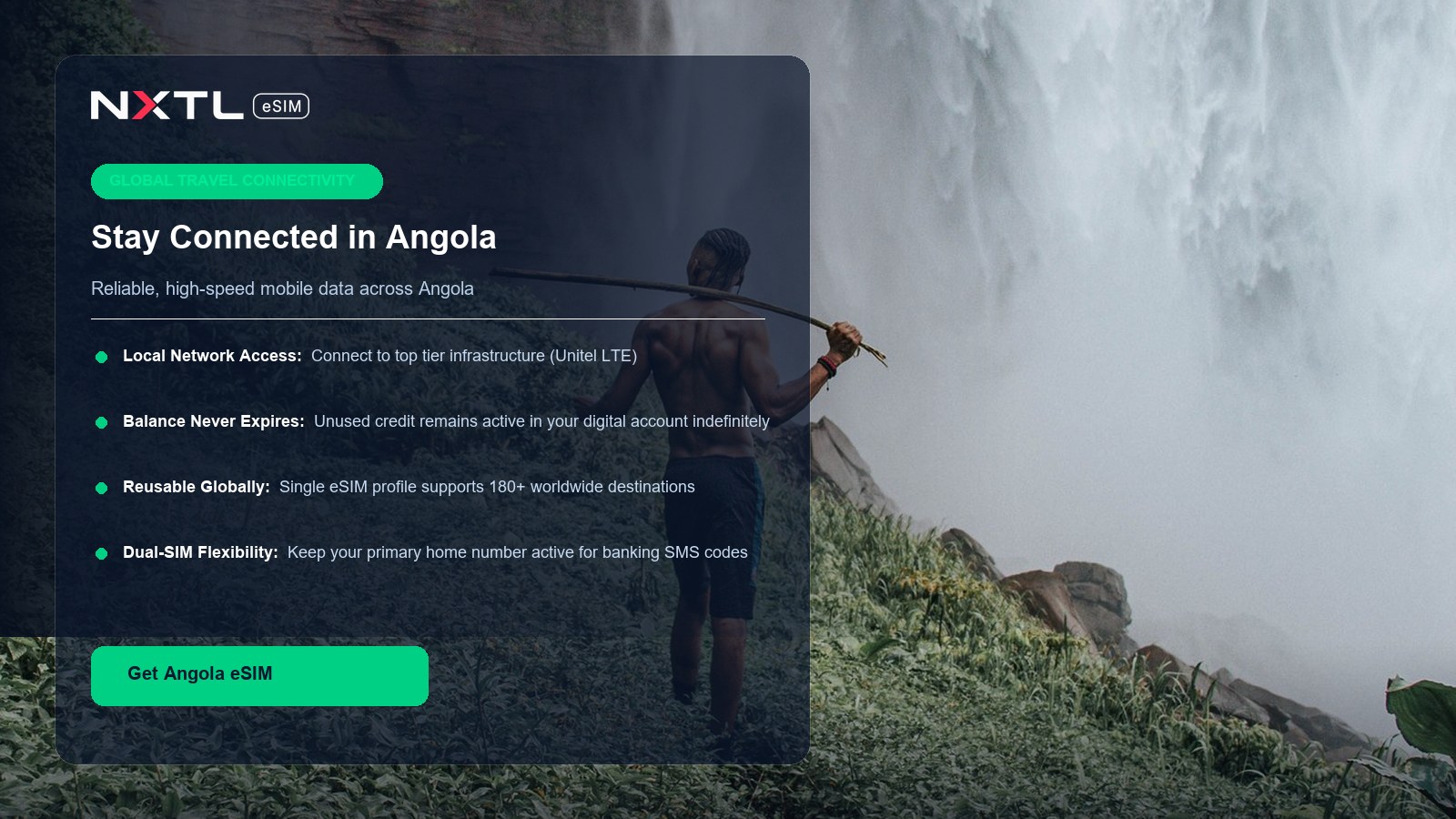 NXTL eSIM connectivity card for mobile data coverage across Angola