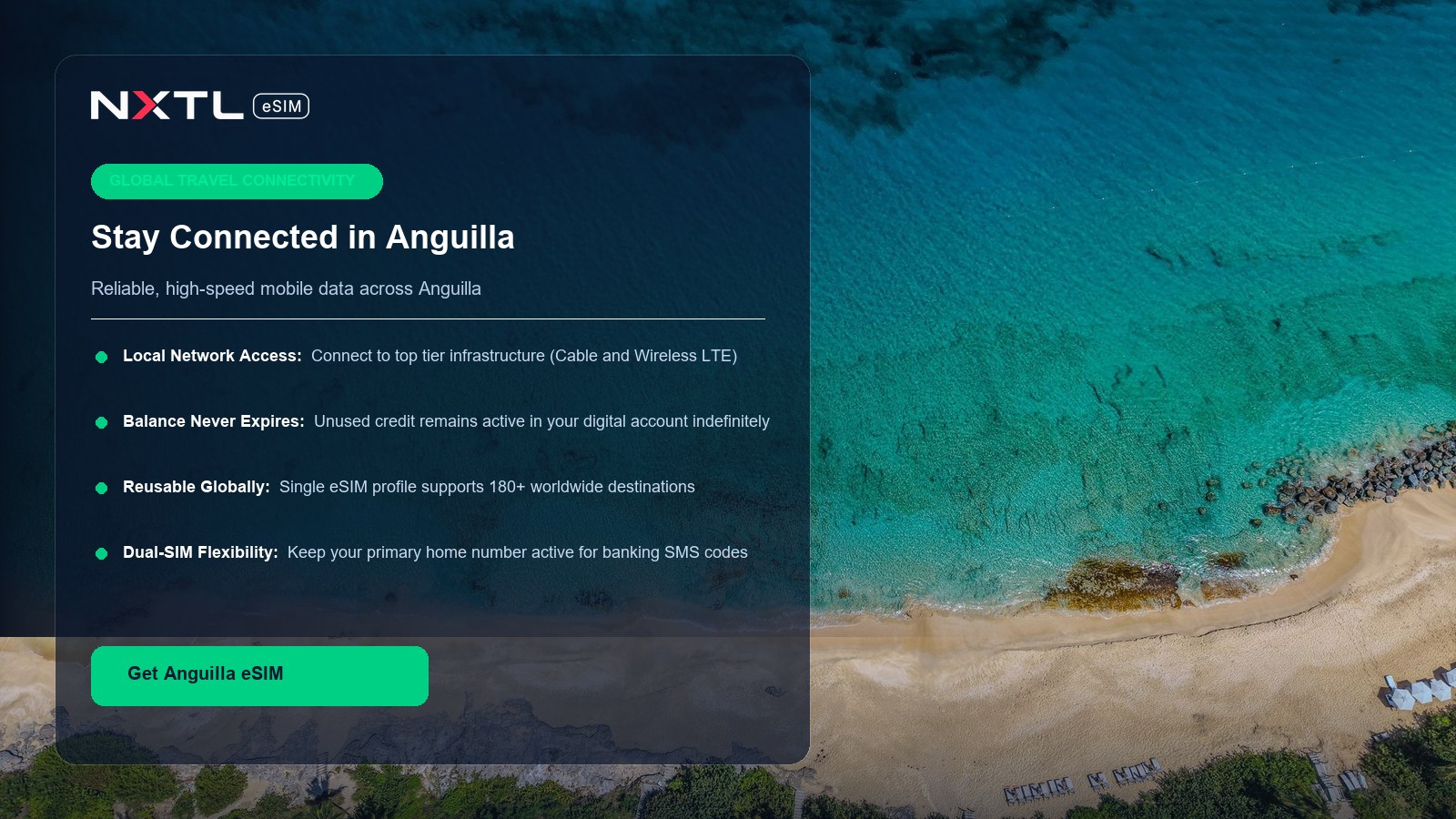 NXTL eSIM digital card for reliable mobile internet across Anguilla