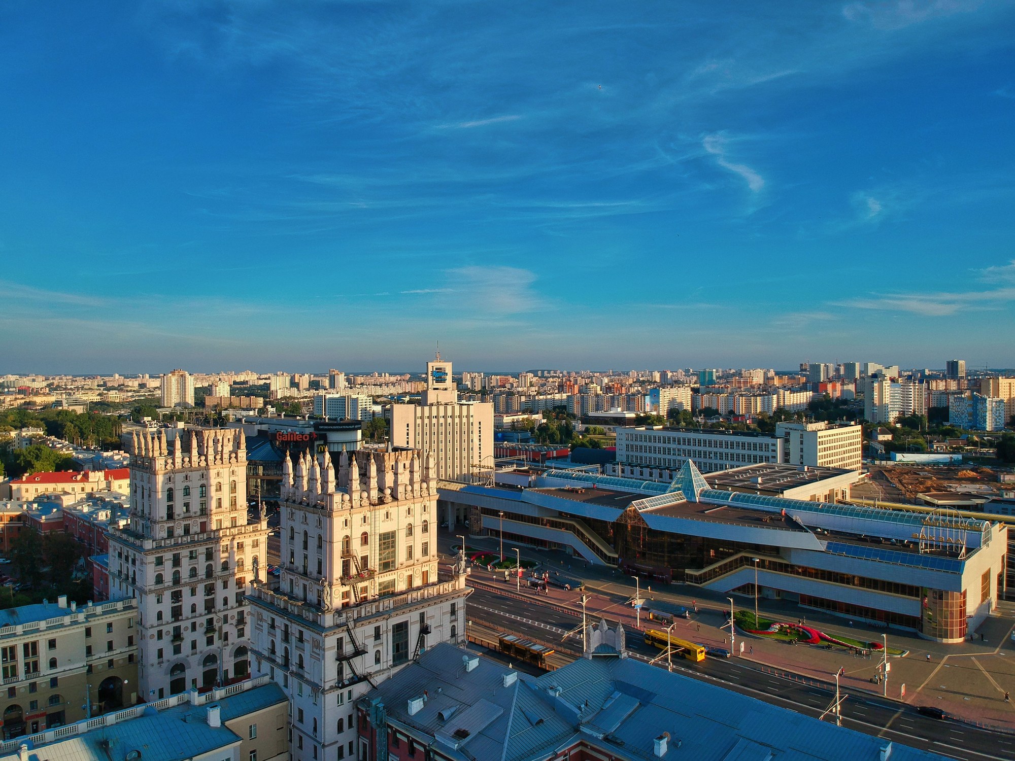 Aerial panorama of Minsk city center featuring broad neoclassical boulevards and monumental public squares