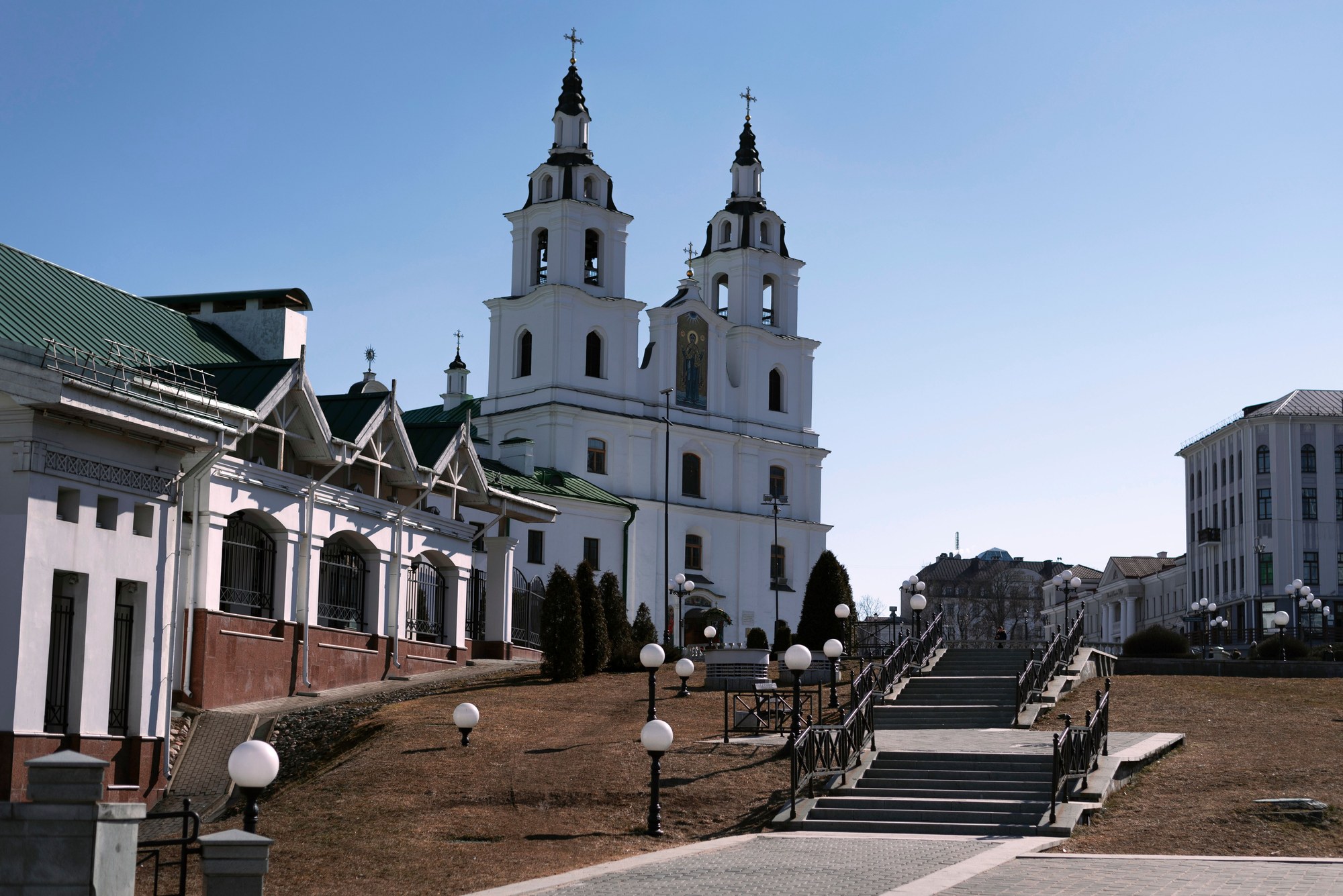 Whitewashed Baroque twin towers of the Holy Spirit Cathedral rising above the Upper Town in historic Minsk