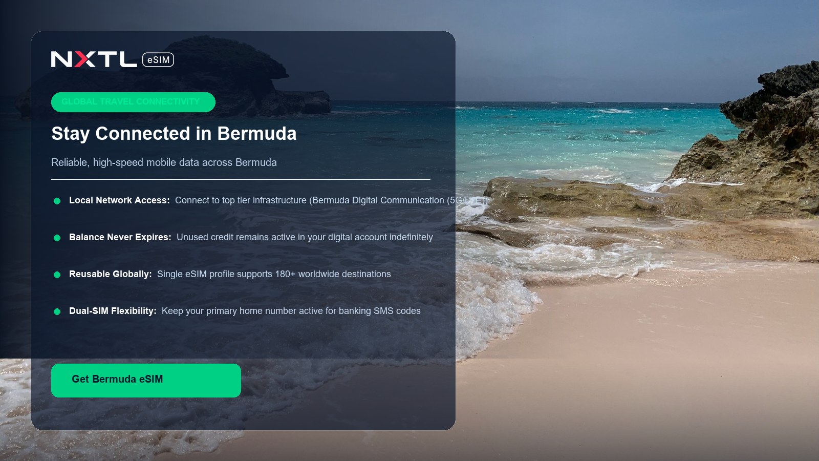 NXTL reusable global eSIM card with no expiry for travel in Bermuda