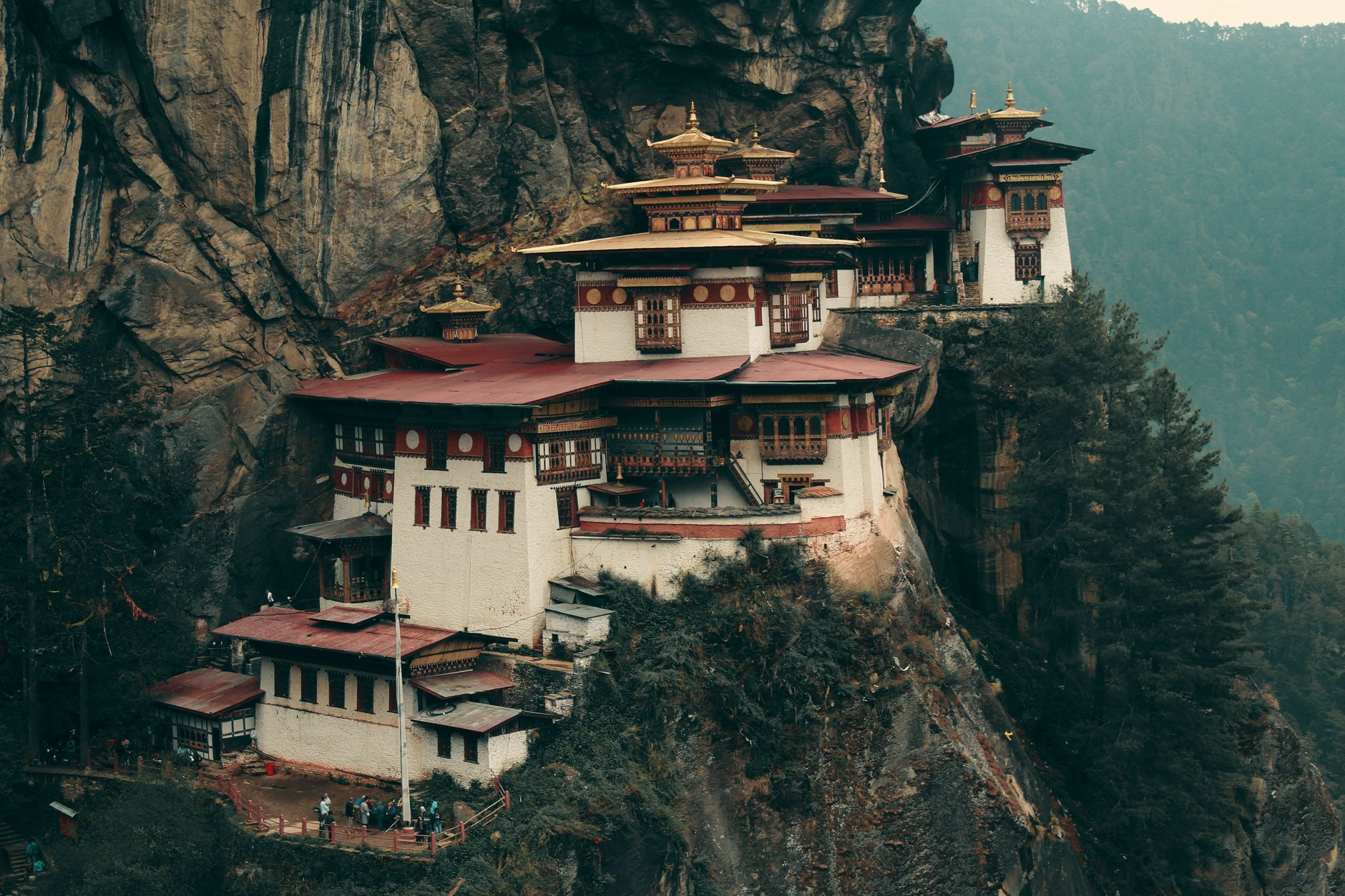 Paro Taktsang Tiger's Nest Monastery clinging to a sheer 900-meter granite cliff face in Bhutan