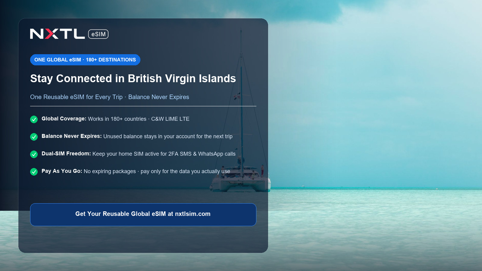 NXTL reusable global eSIM card with no expiry for travel in the British Virgin Islands