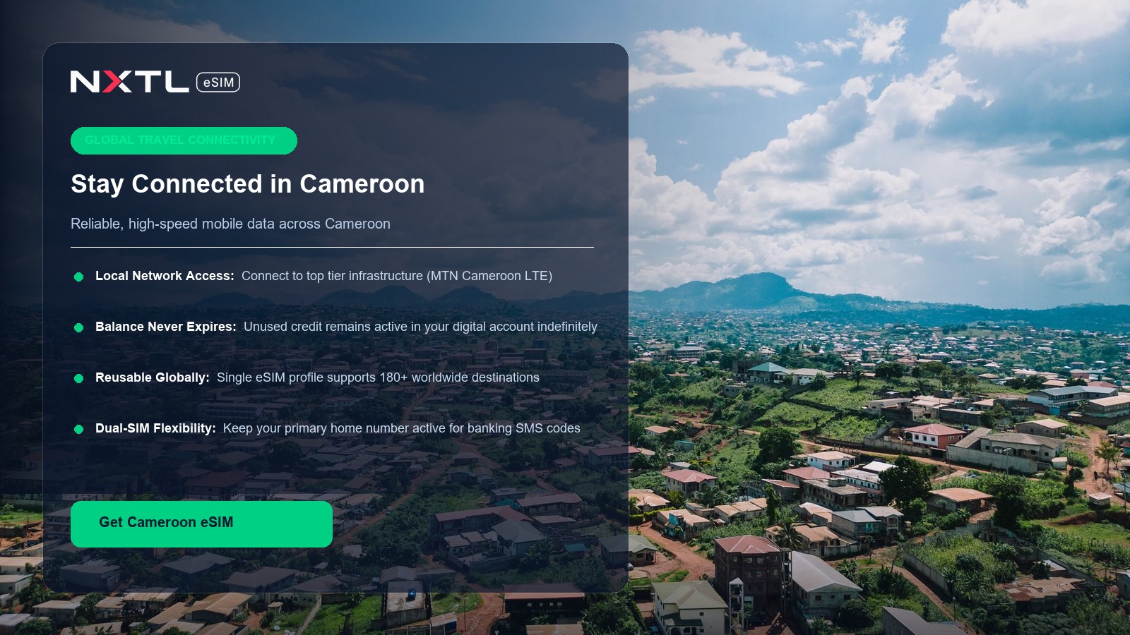 NXTL digital connectivity graphic illustrating mobile data coverage across Cameroon transit corridors