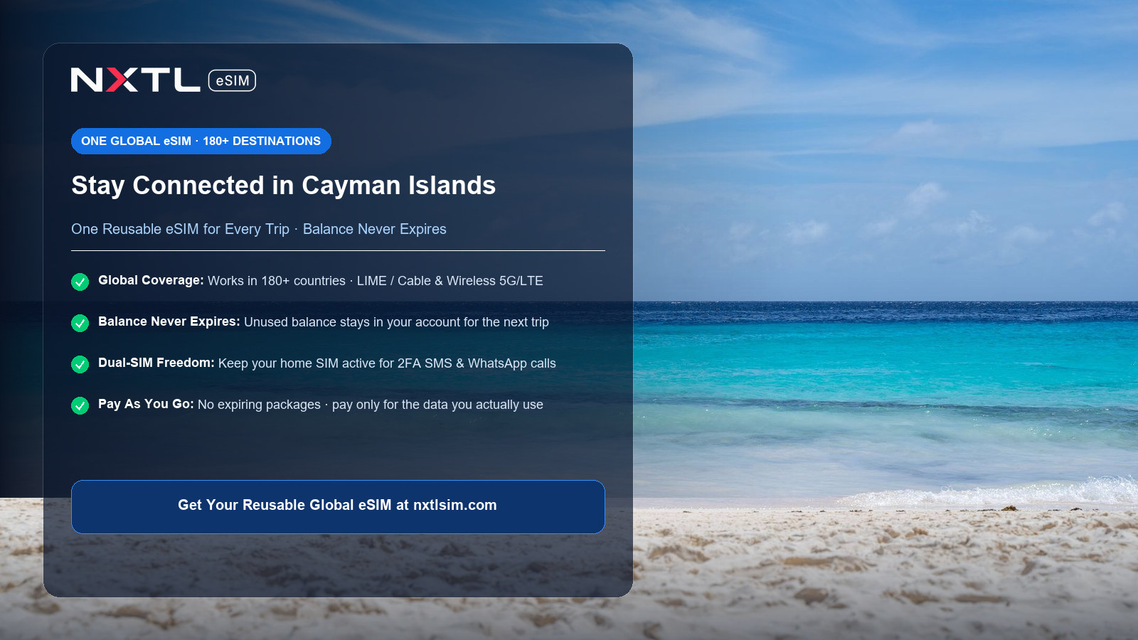 NXTL reusable global eSIM card with no expiry for travel in the Cayman Islands