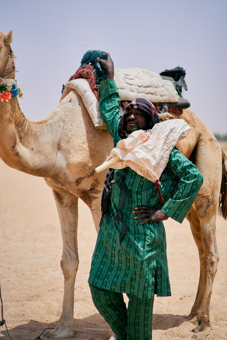 Nomadic herder in traditional desert clothing guiding a camel across arid scrubland in Chad