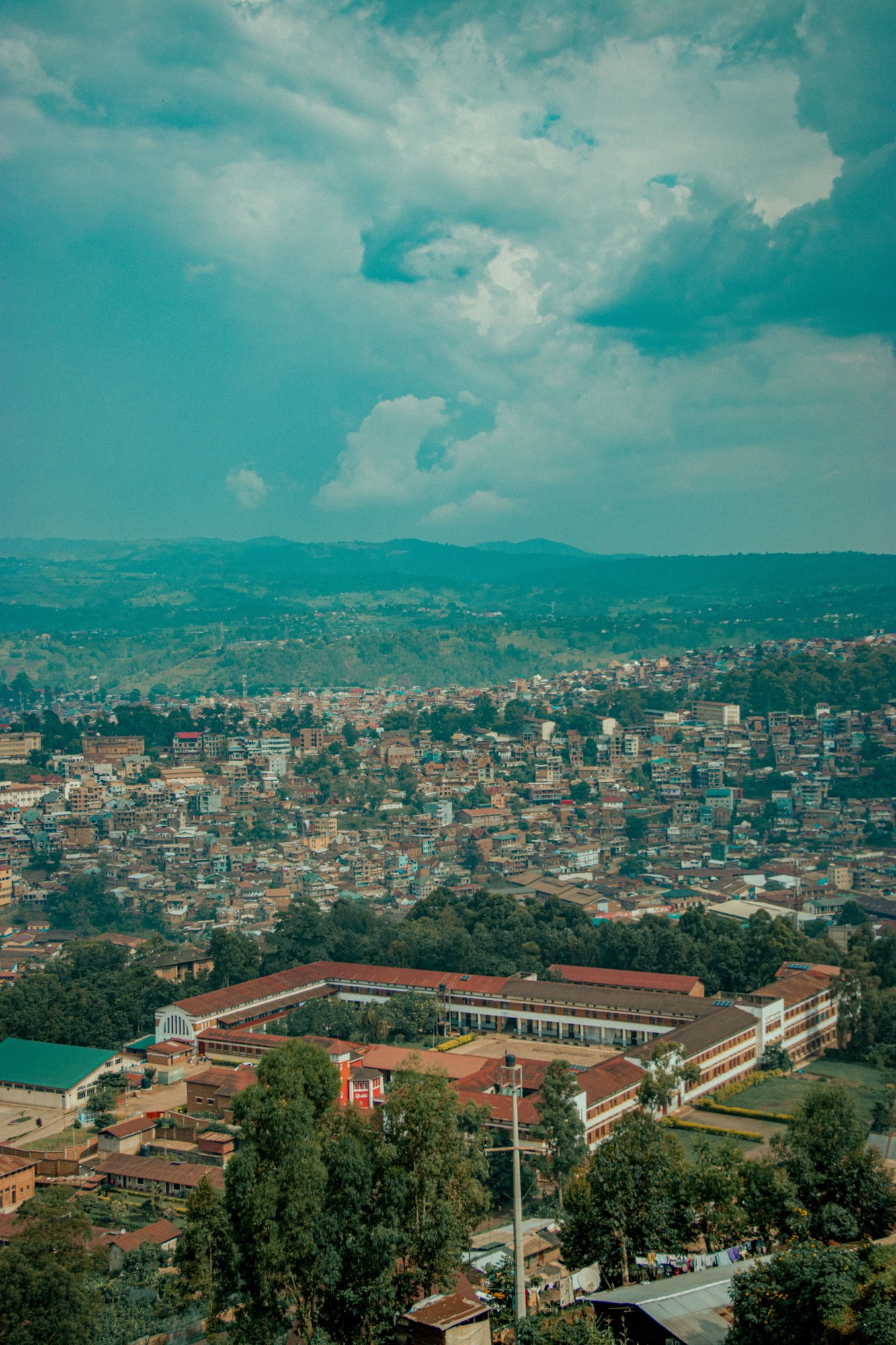 Aerial view of Bukavu hillside cityscape overlooking Lake Kivu in eastern Democratic Republic of the Congo
