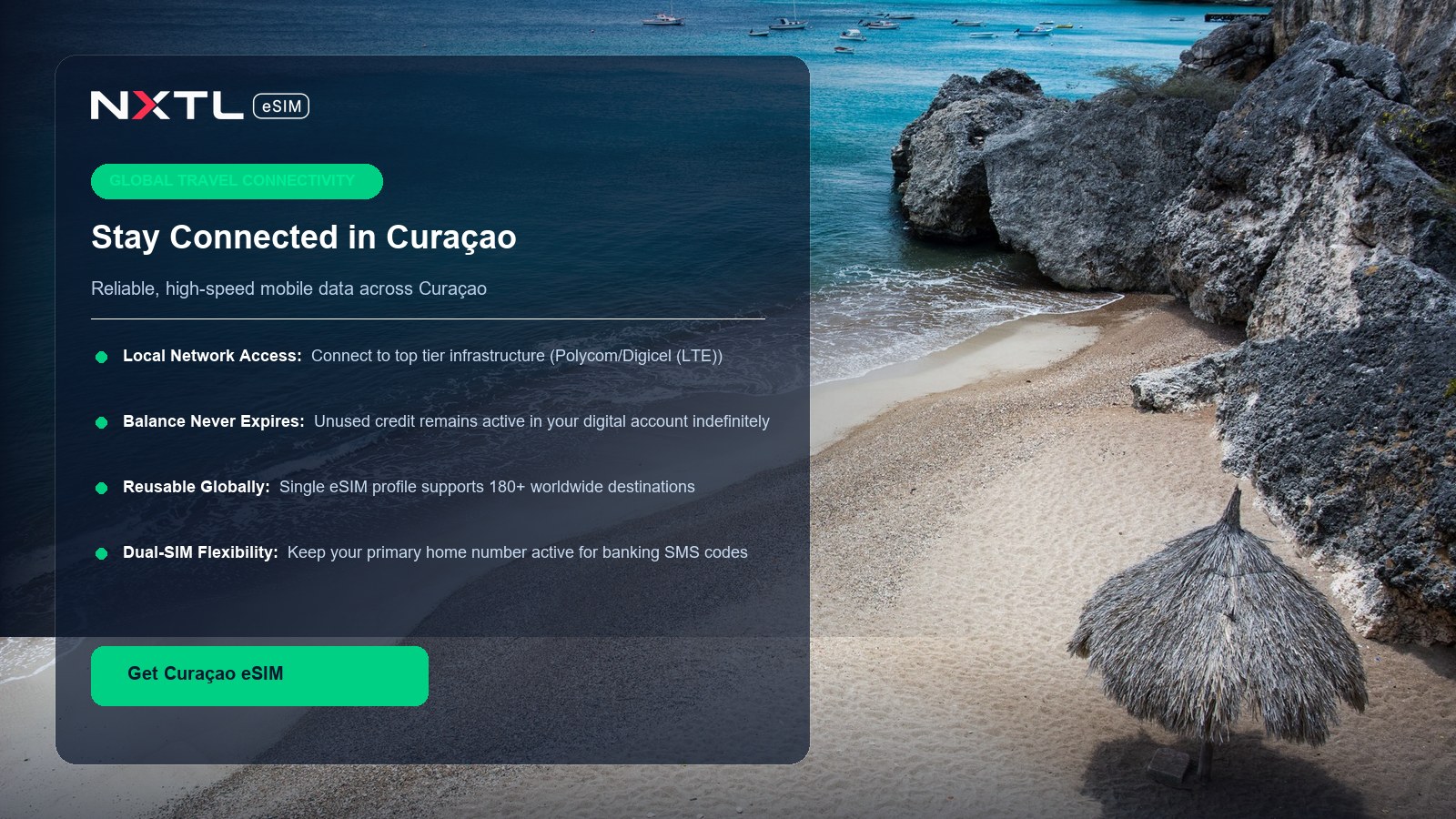 NXTL reusable global eSIM card with no expiry for travel in Curaçao