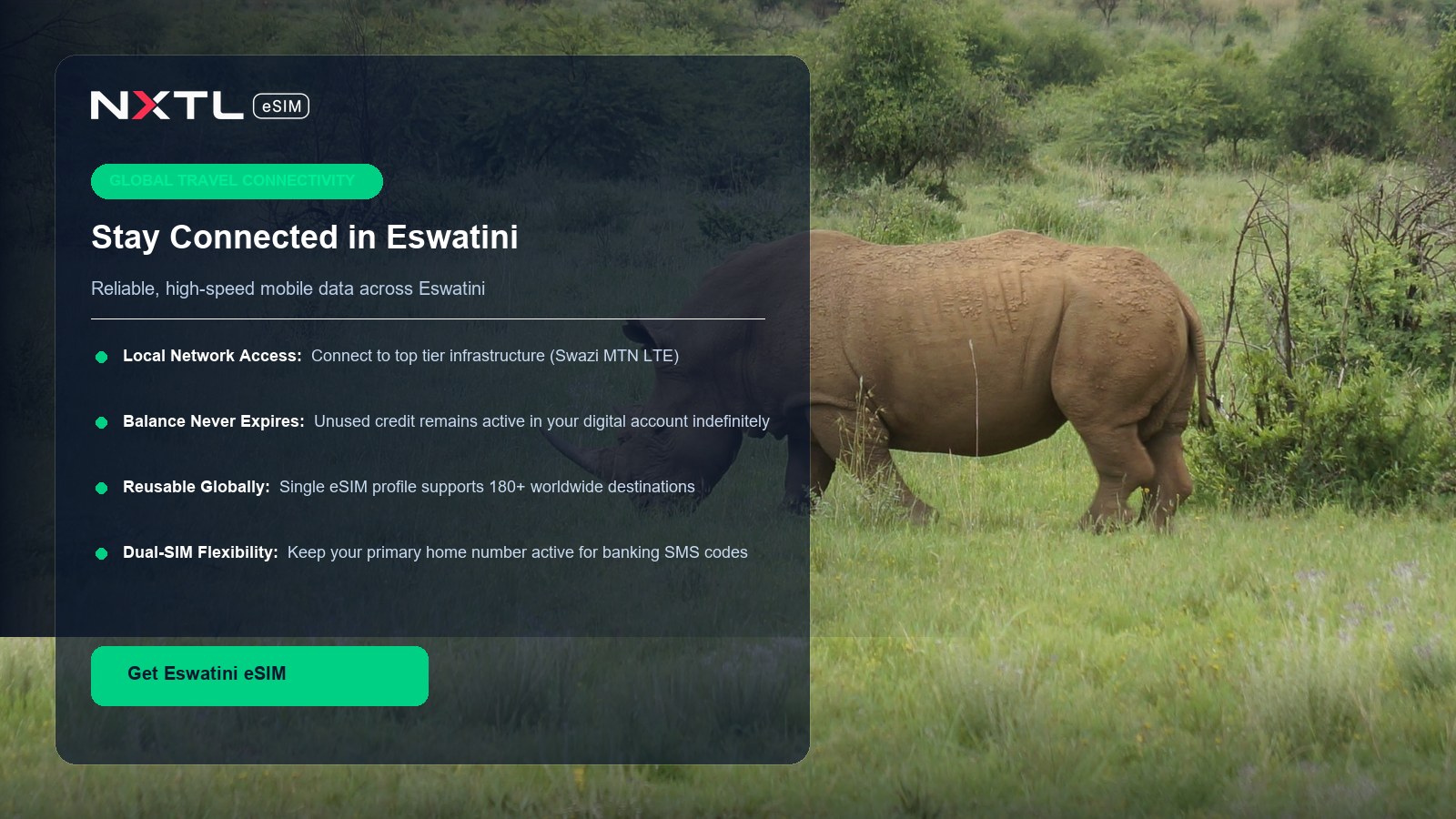 NXTL eSIM connectivity card for mobile data coverage across the Kingdom of Eswatini