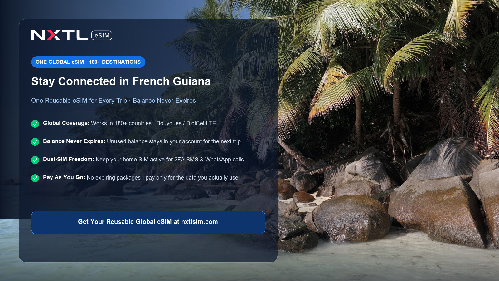 NXTL reusable global eSIM card with no expiry for travel in French Guiana