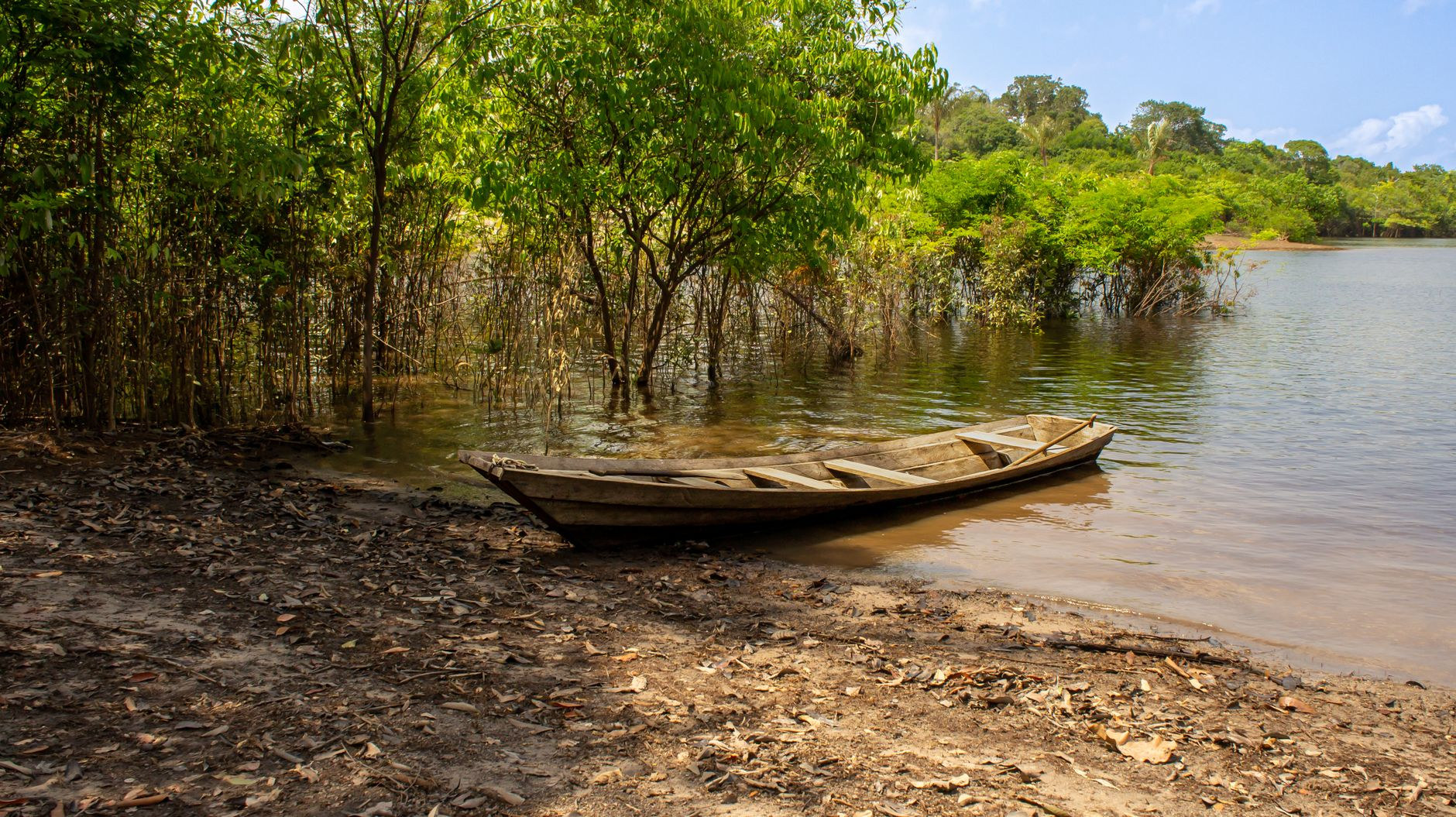 Wooden pirogue navigating the wide waters of the Maroni River