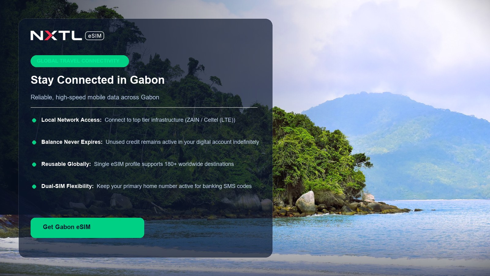 NXTL eSIM digital card for reliable mobile internet across Gabon
