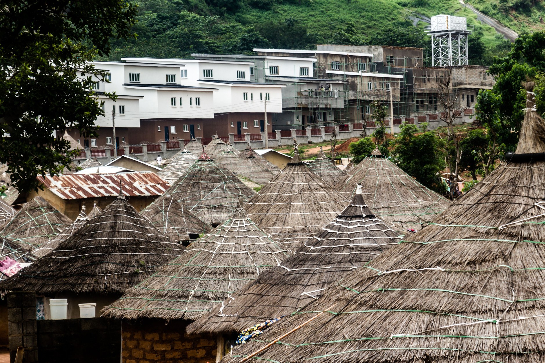 Traditional clay and timber village huts set amidst equatorial forest along the riverbank