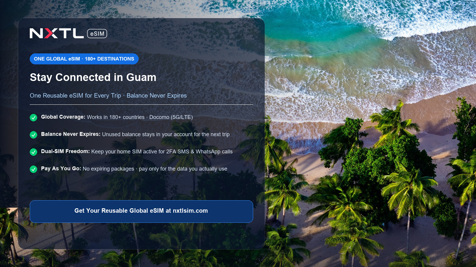NXTL reusable global eSIM card with no expiry for travel in Guam