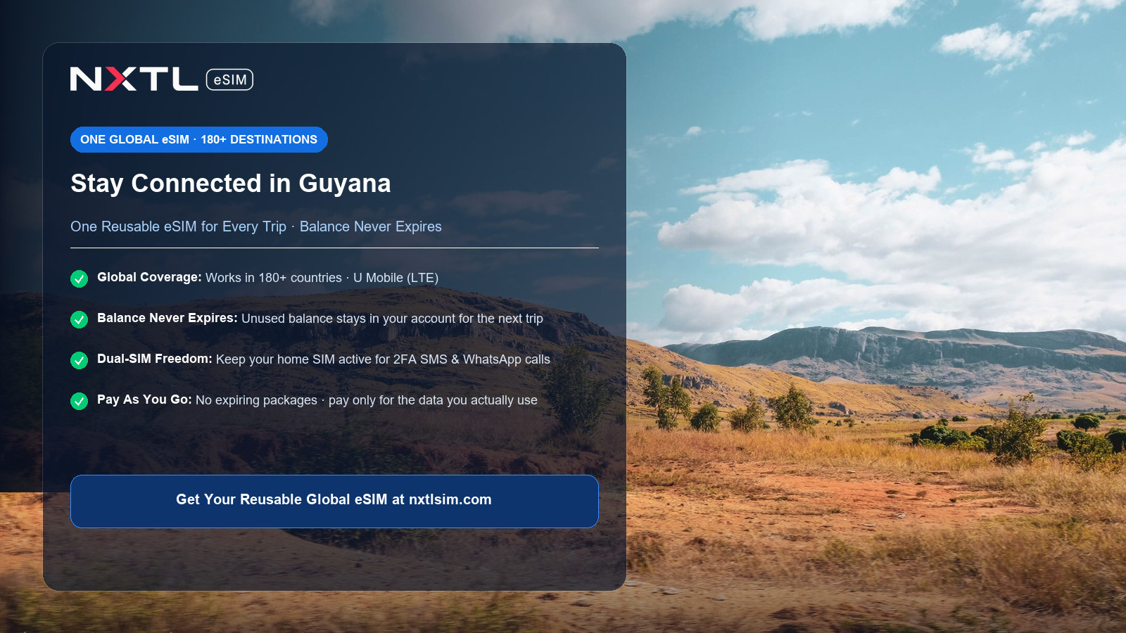 NXTL reusable global eSIM card with no expiry for travel in Guyana