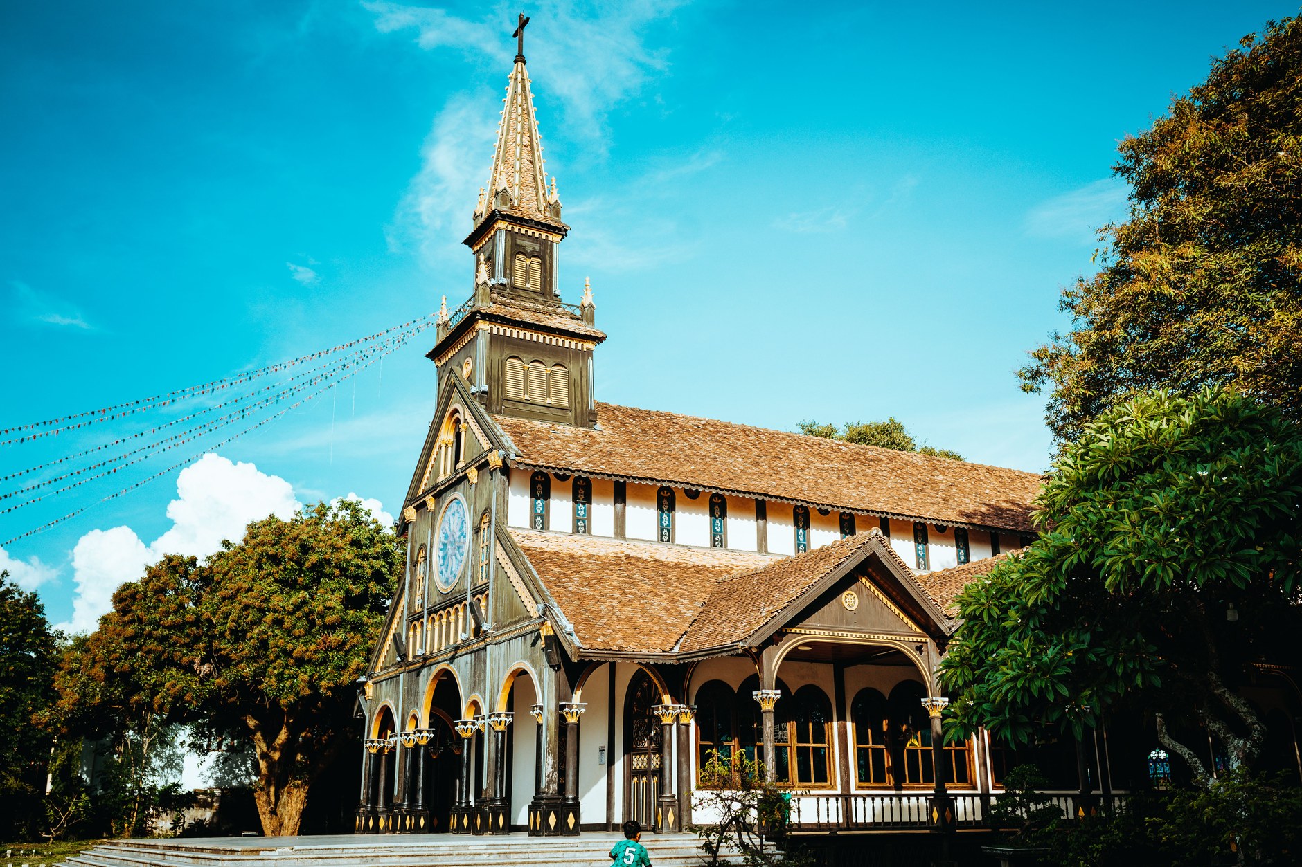 Historic timber colonial architecture with towering spires in Georgetown