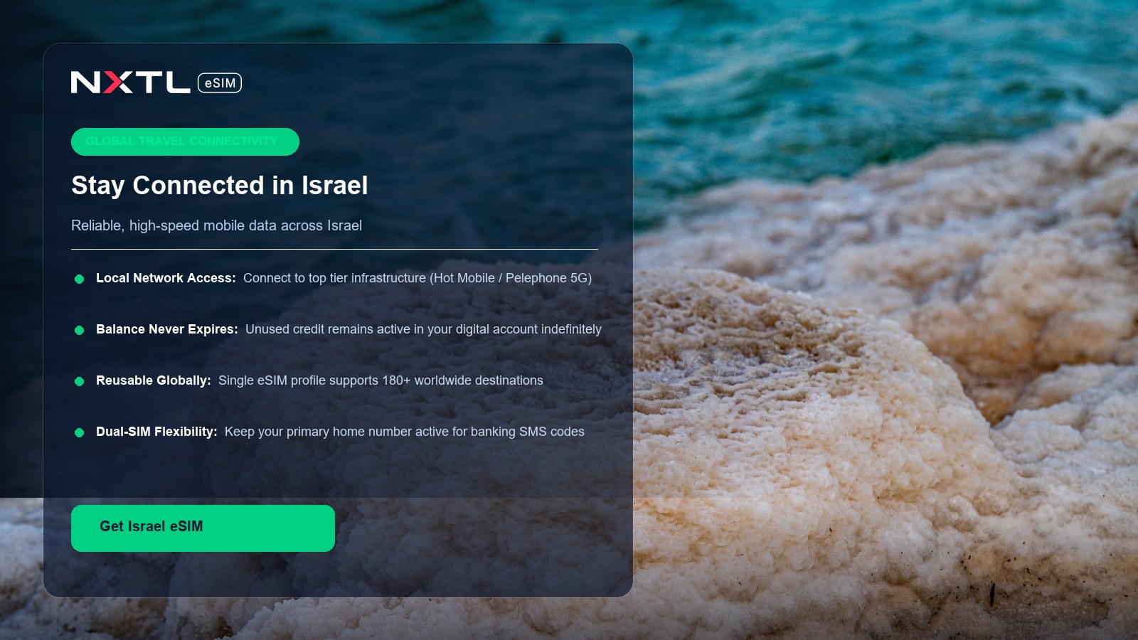 NXTL eSIM connectivity card for mobile data coverage across Israel