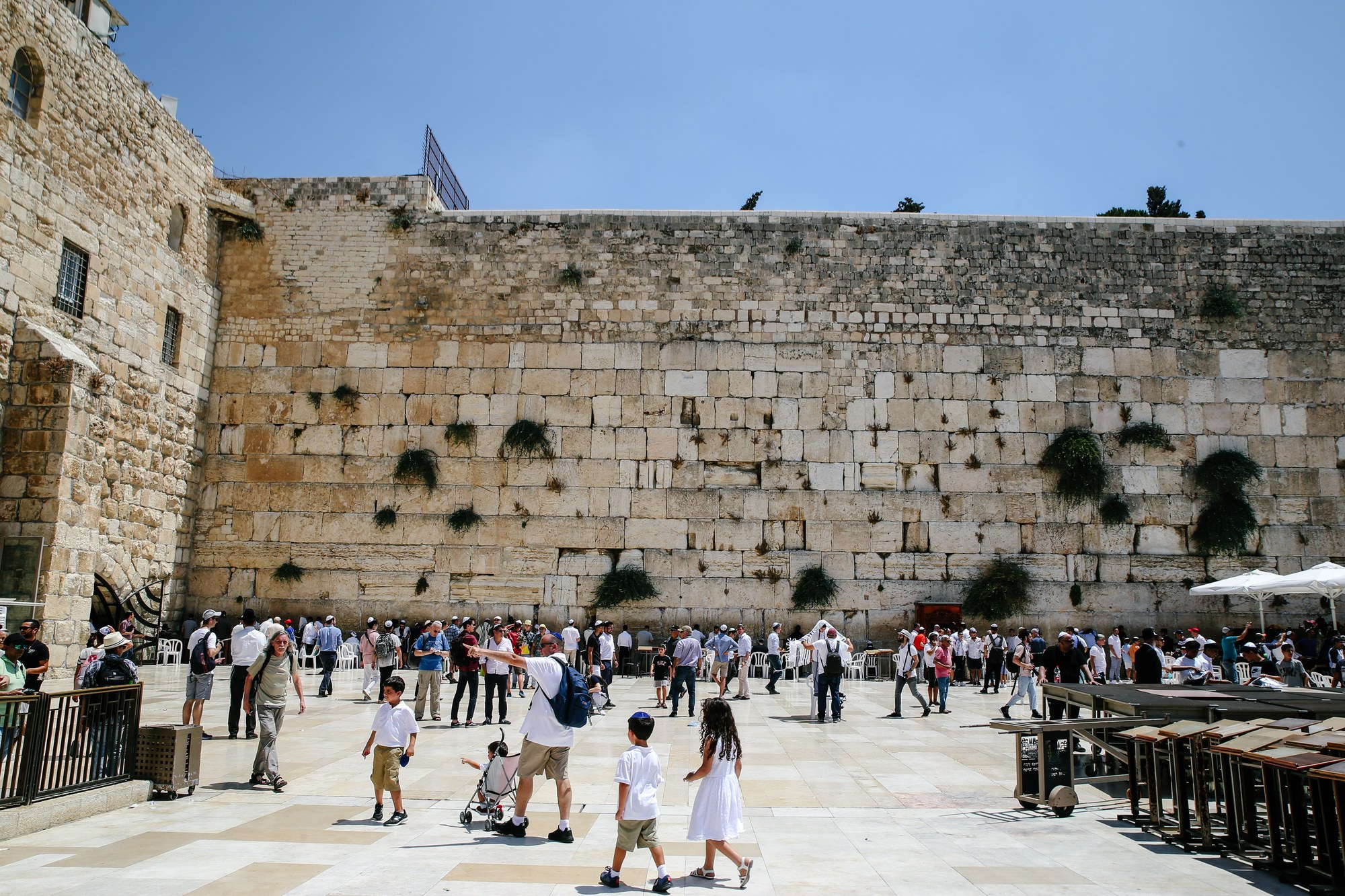 Visitors gathered at the ancient limestone blocks of the Western Wall in Jerusalem