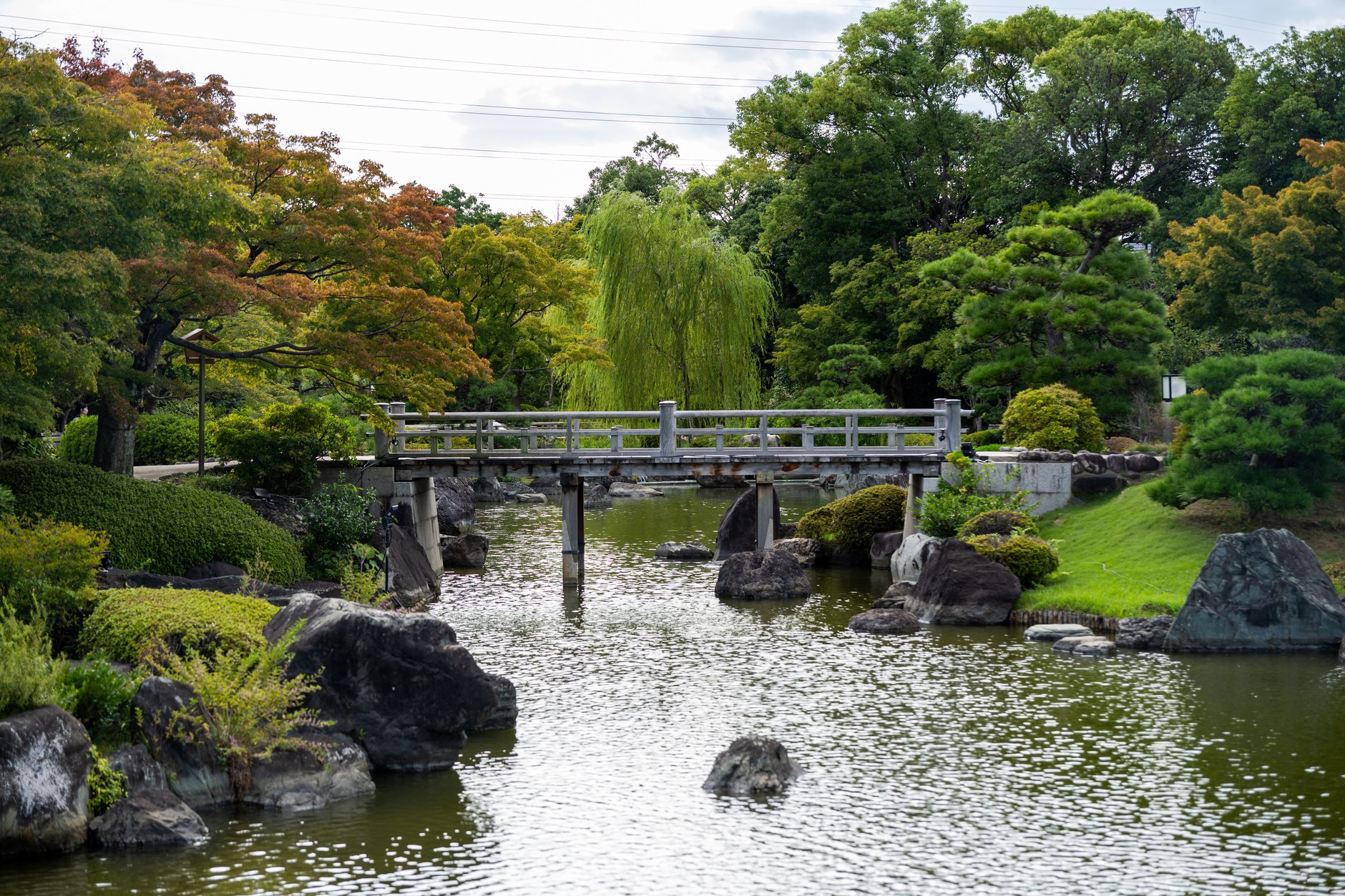 Serene pond, stone lanterns, and bridge inside the Japanese Garden in Larvotto
