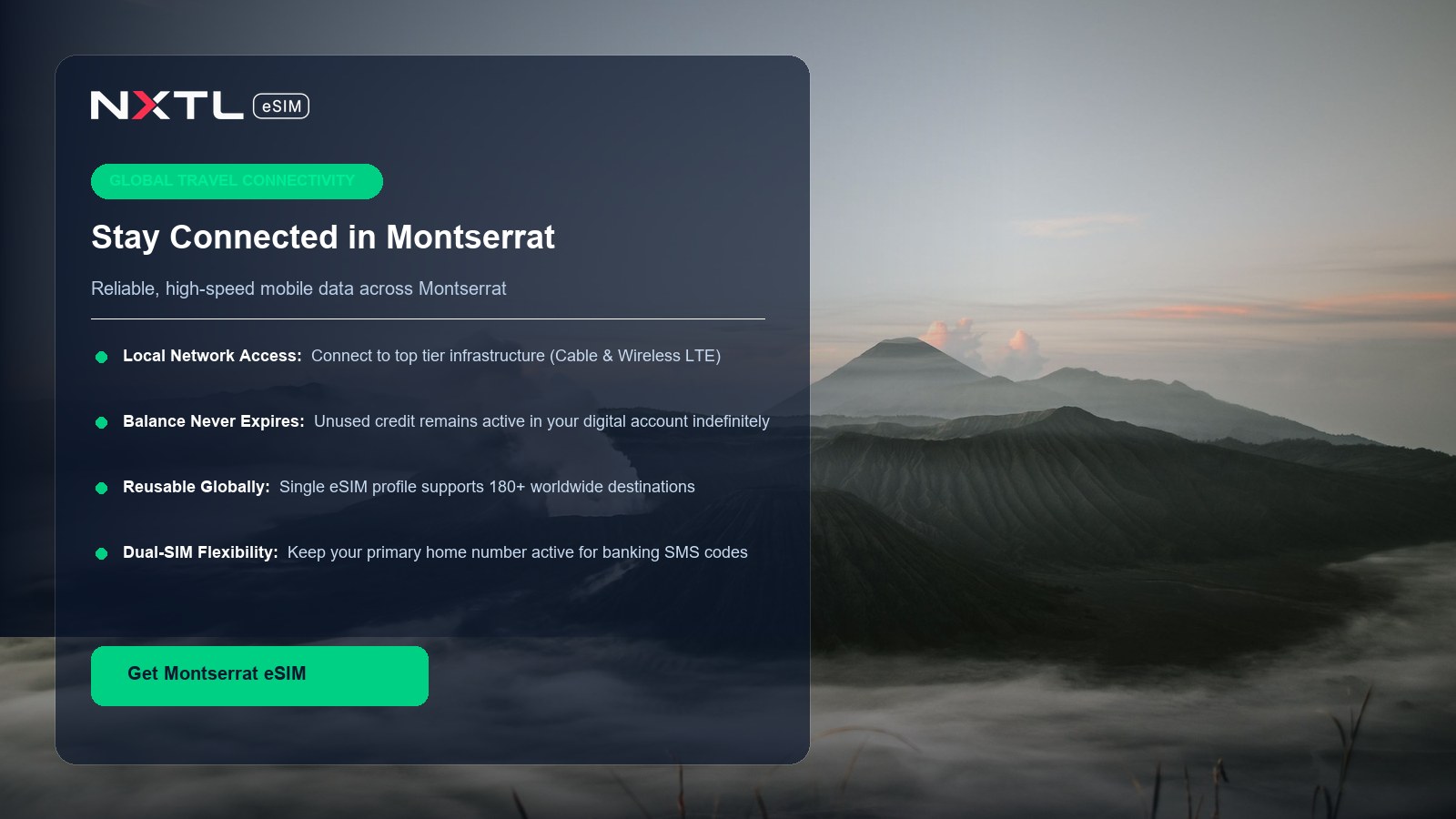 NXTL eSIM connectivity card for mobile data coverage across Montserrat