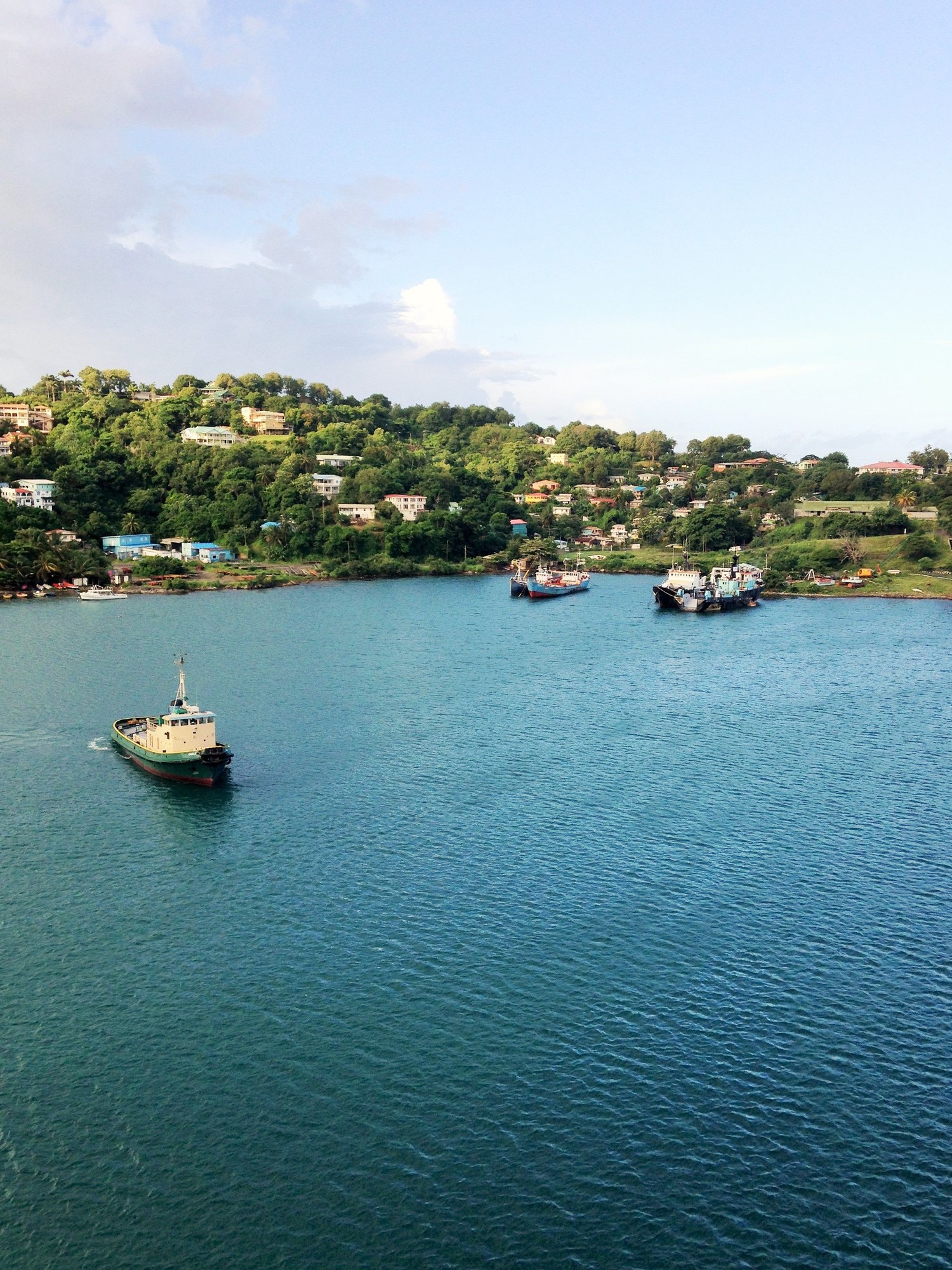 Calm coastal bay with moored boats surrounded by lush green hills