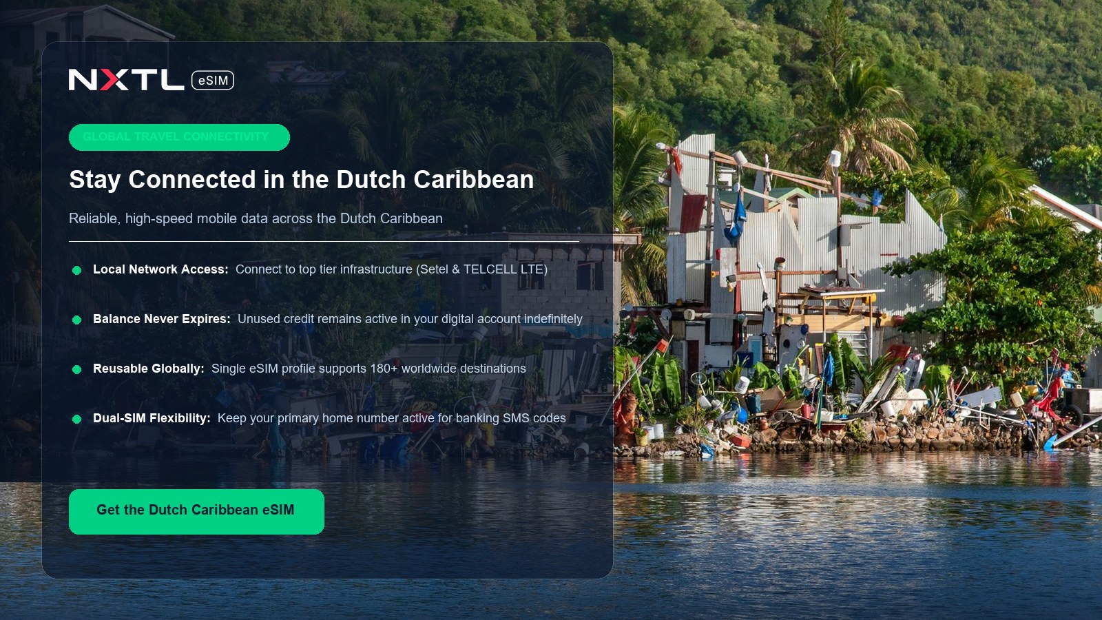 NXTL mobile connectivity graphic displaying digital data coverage across Dutch Caribbean islands
