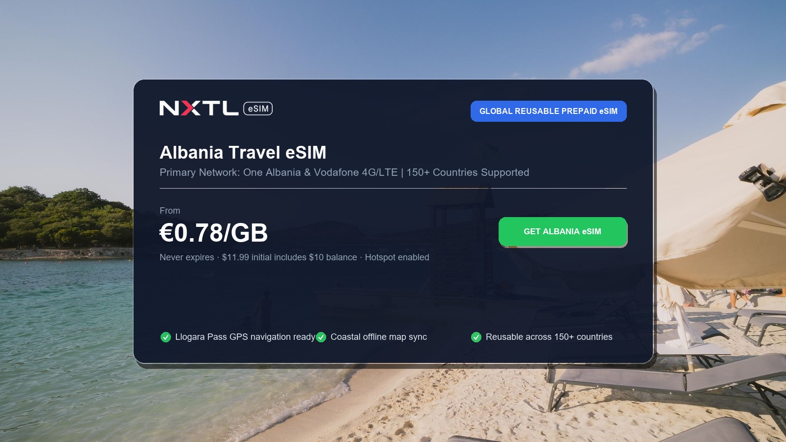 NXTL Global eSIM — one reusable eSIM for 180+ countries with high-speed data across Albania