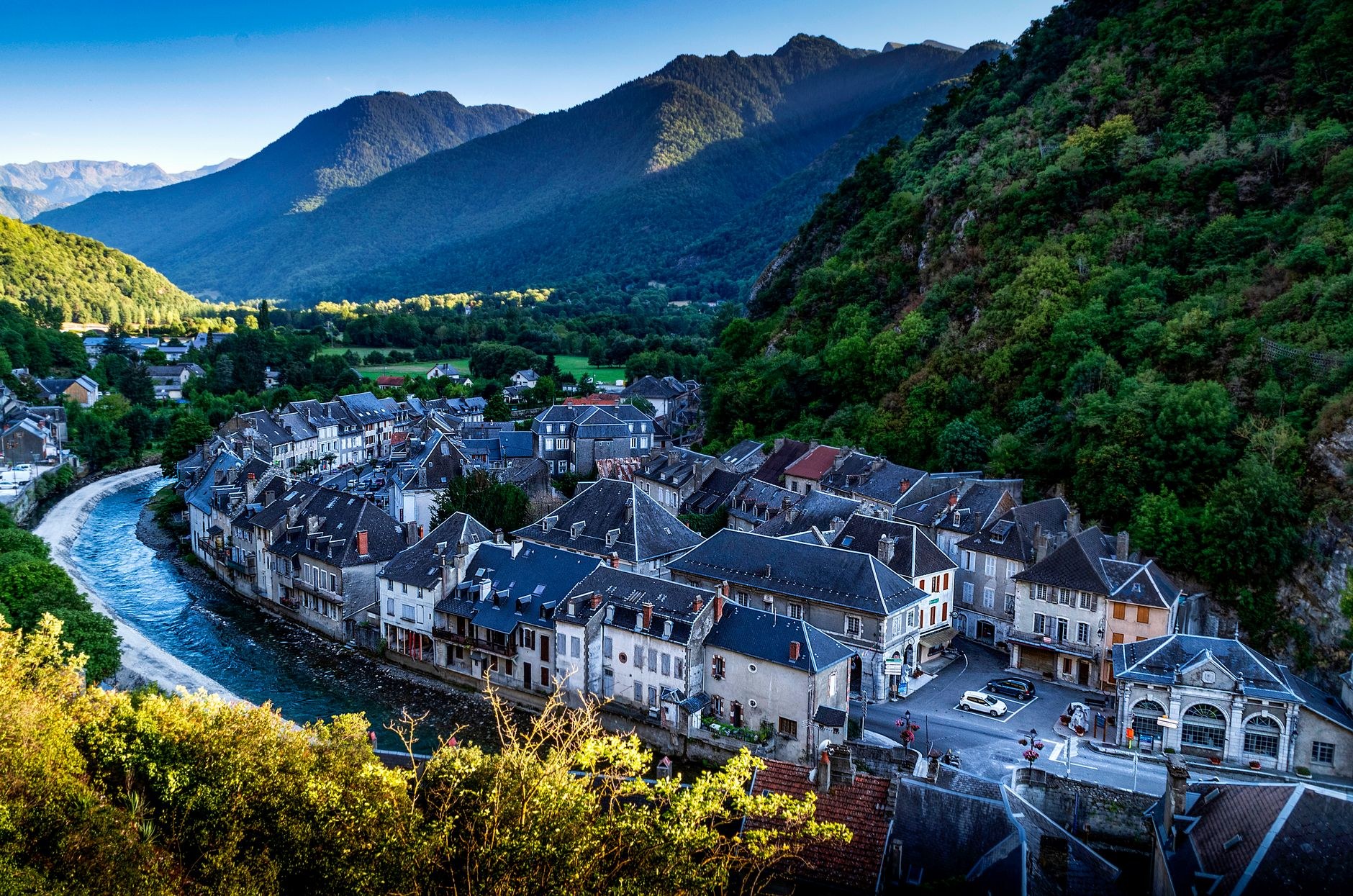 The high-altitude capital city of Andorra la Vella situated along the river gorge surrounded by steep mountains