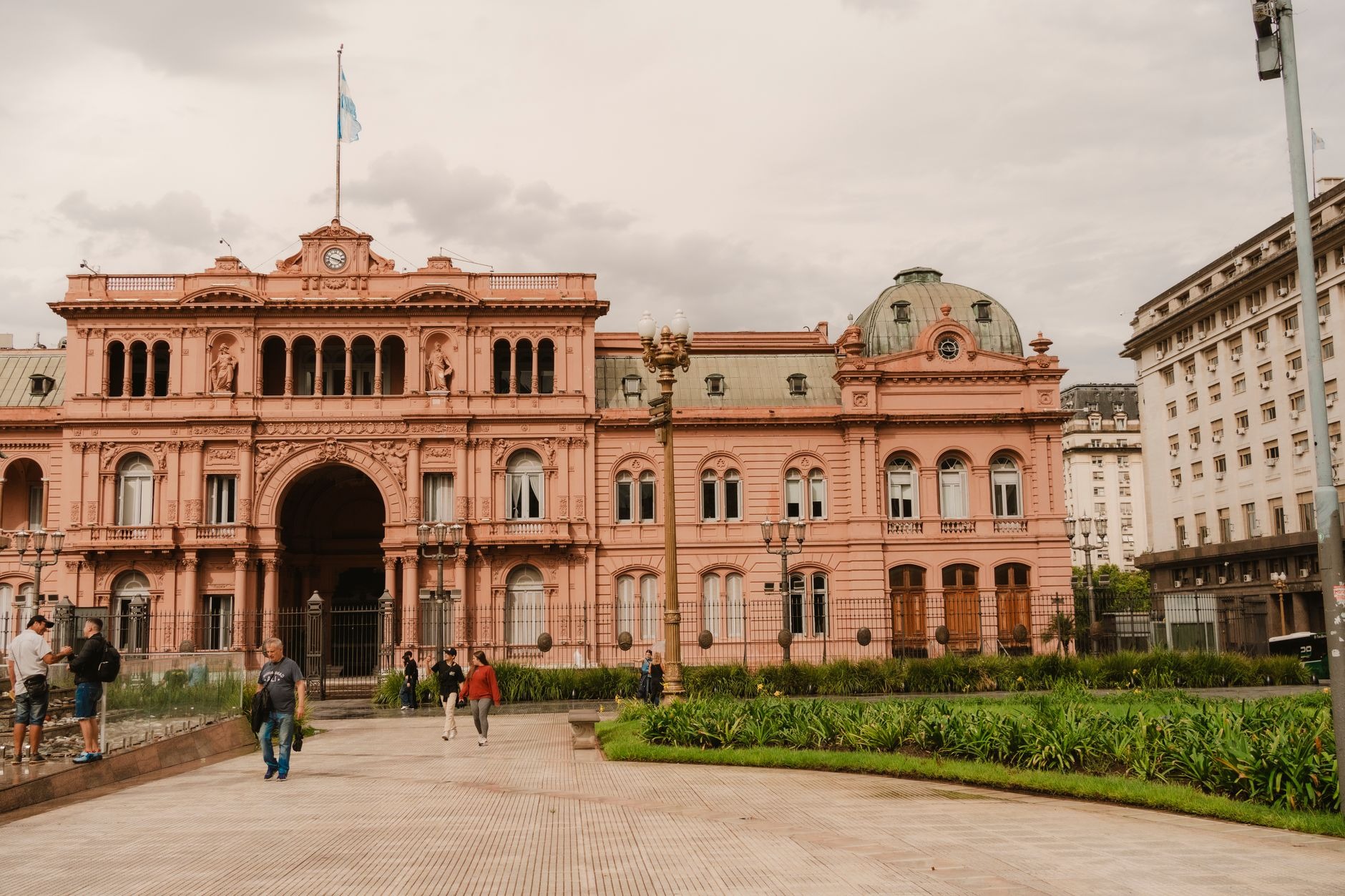 The iconic pink facade of the Casa Rosada presidential palace overlooking Plaza de Mayo in central Buenos Aires