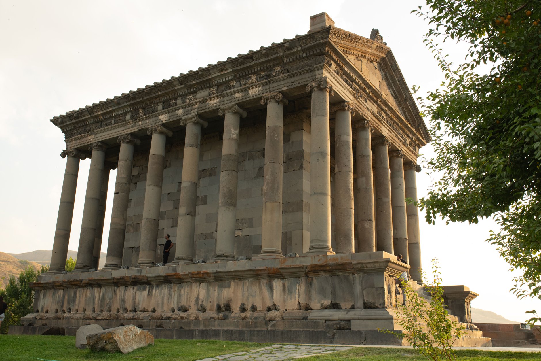 First-century Greco-Roman Ionic colonnade of the Temple of Garni standing on a triangular promontory above the Azat River gorge