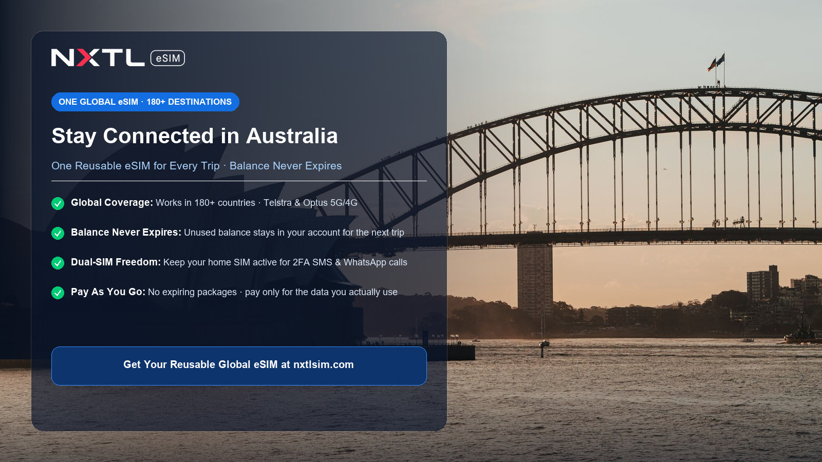 NXTL Global eSIM — one reusable eSIM for 180+ countries with high-speed data across Australia