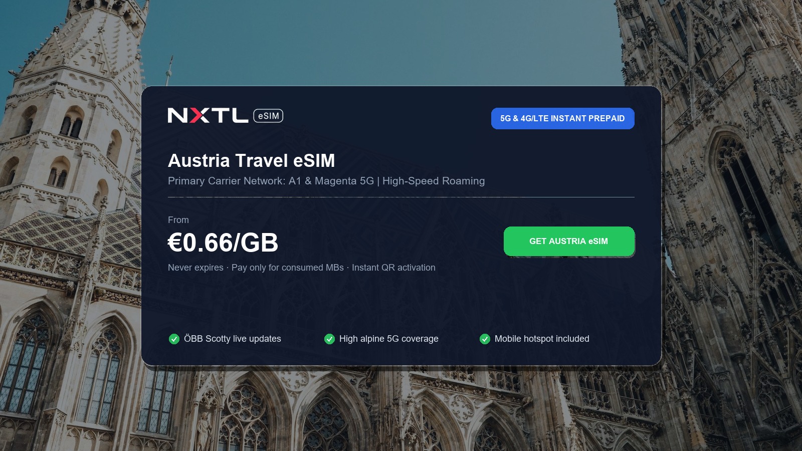 NXTL Austria prepaid travel eSIM high-speed coverage options across the Austrian Alps