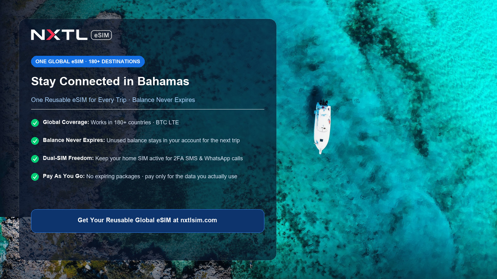 NXTL Bahamas Travel eSIM card showing fast LTE data connectivity on BTC network across New Providence and the Exumas