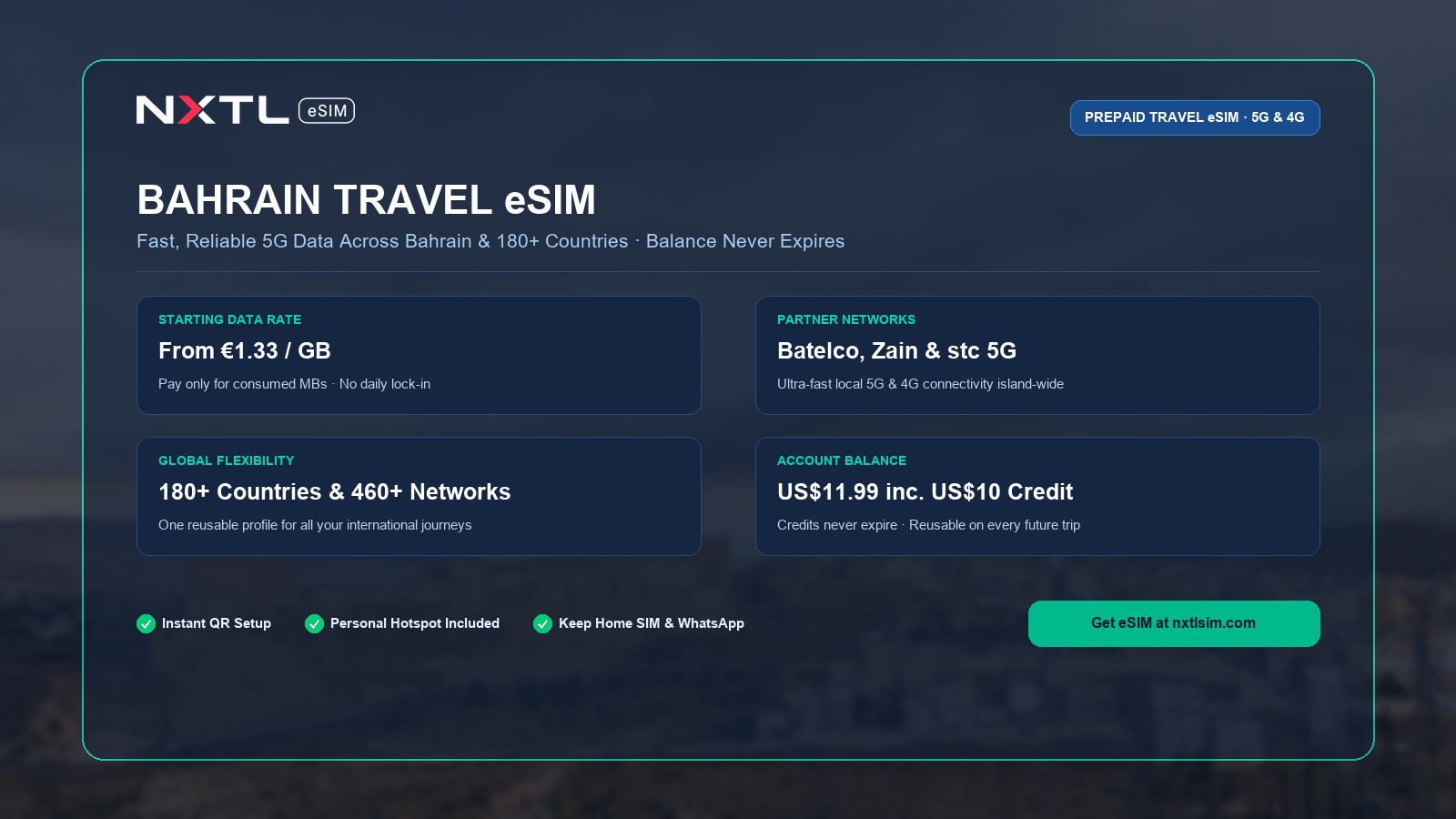 NXTL Bahrain Travel eSIM prepaid data plan starting at $1.50 per gigabyte with high-speed 5G network access