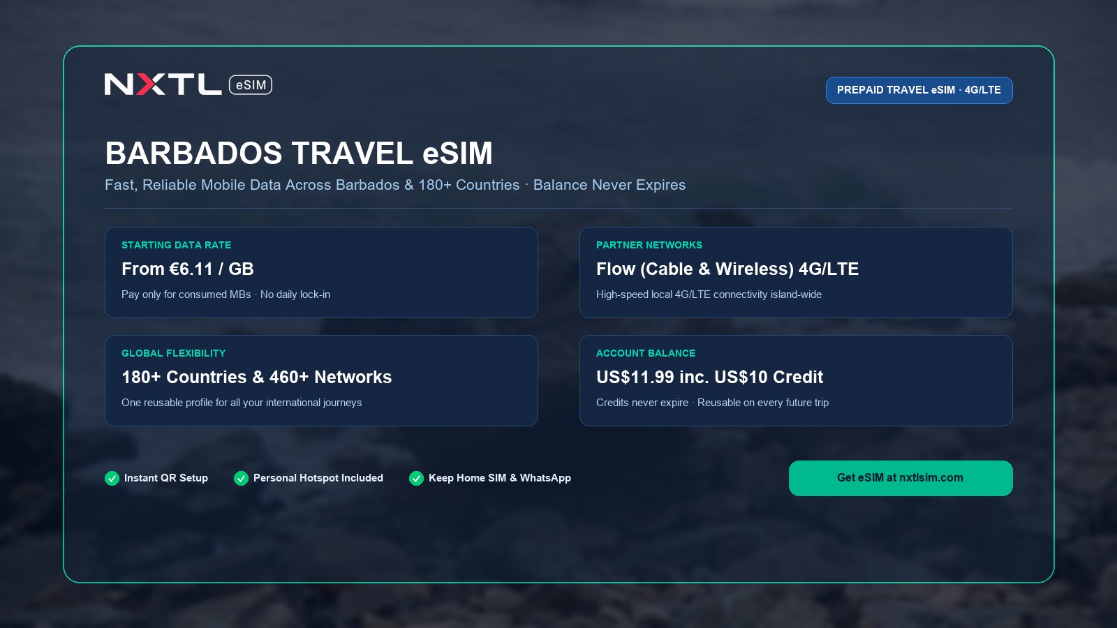 NXTL Barbados Travel eSIM prepaid data plan starting at $6.90 per gigabyte with high-speed 4G network access