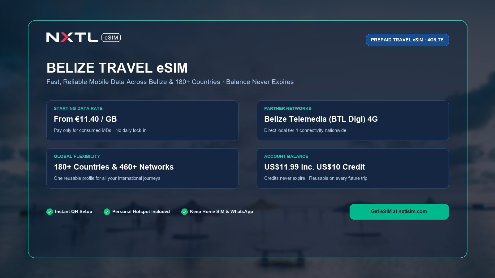 NXTL Belize Travel eSIM prepaid data plan starting at $12.88 per gigabyte with high-speed 4G network access