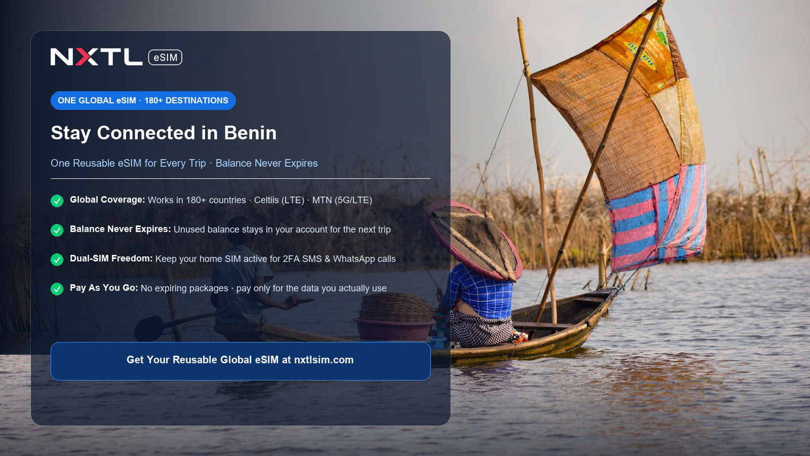 NXTL Benin Travel eSIM card showing reliable LTE mobile data coverage on the Celtiis and MTN networks