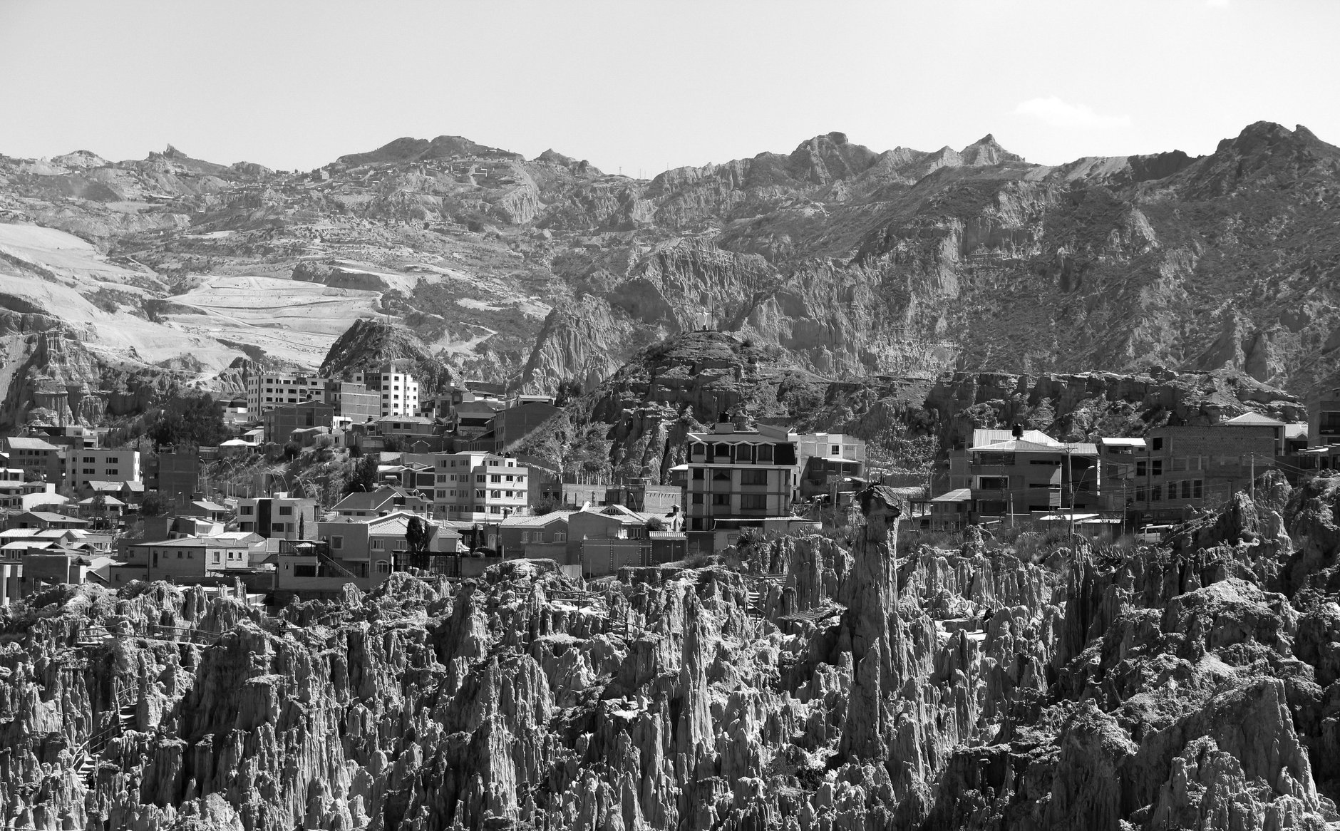 Eroded clay and sandstone spires, ravines, and hoodoos of Valle de la Luna badlands in the southern suburbs of La Paz