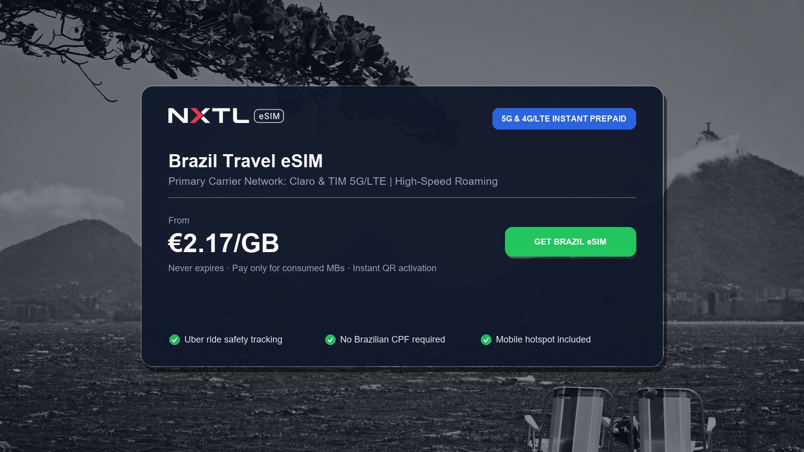 NXTL Brazil prepaid travel eSIM high-speed coverage options across Rio and Costa Verde