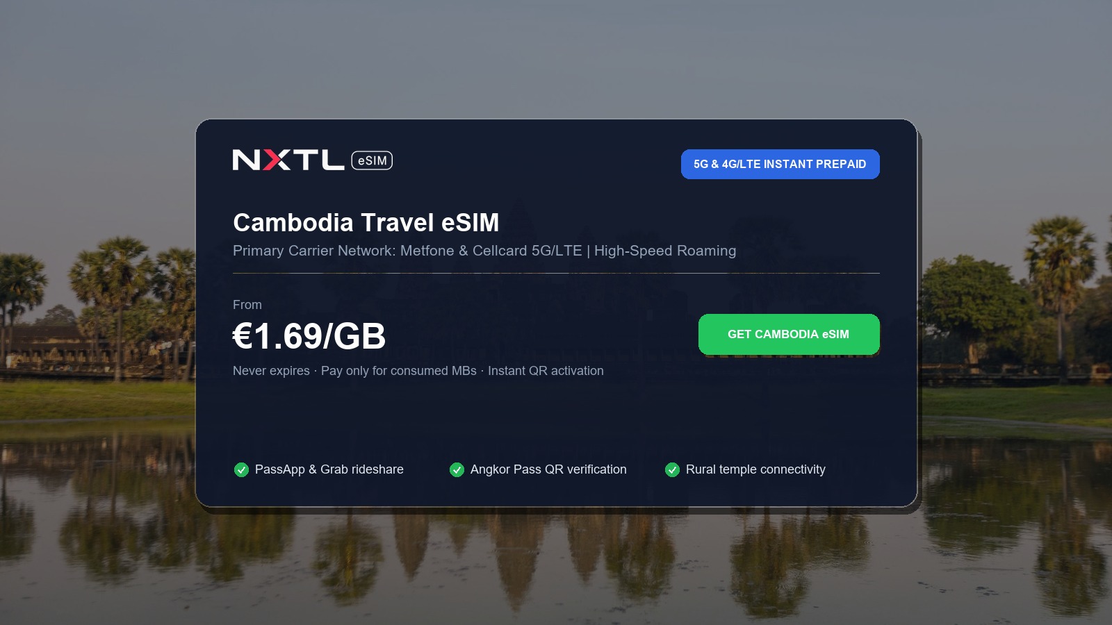NXTL Cambodia prepaid travel eSIM high-speed coverage options across Siem Reap and Phnom Penh