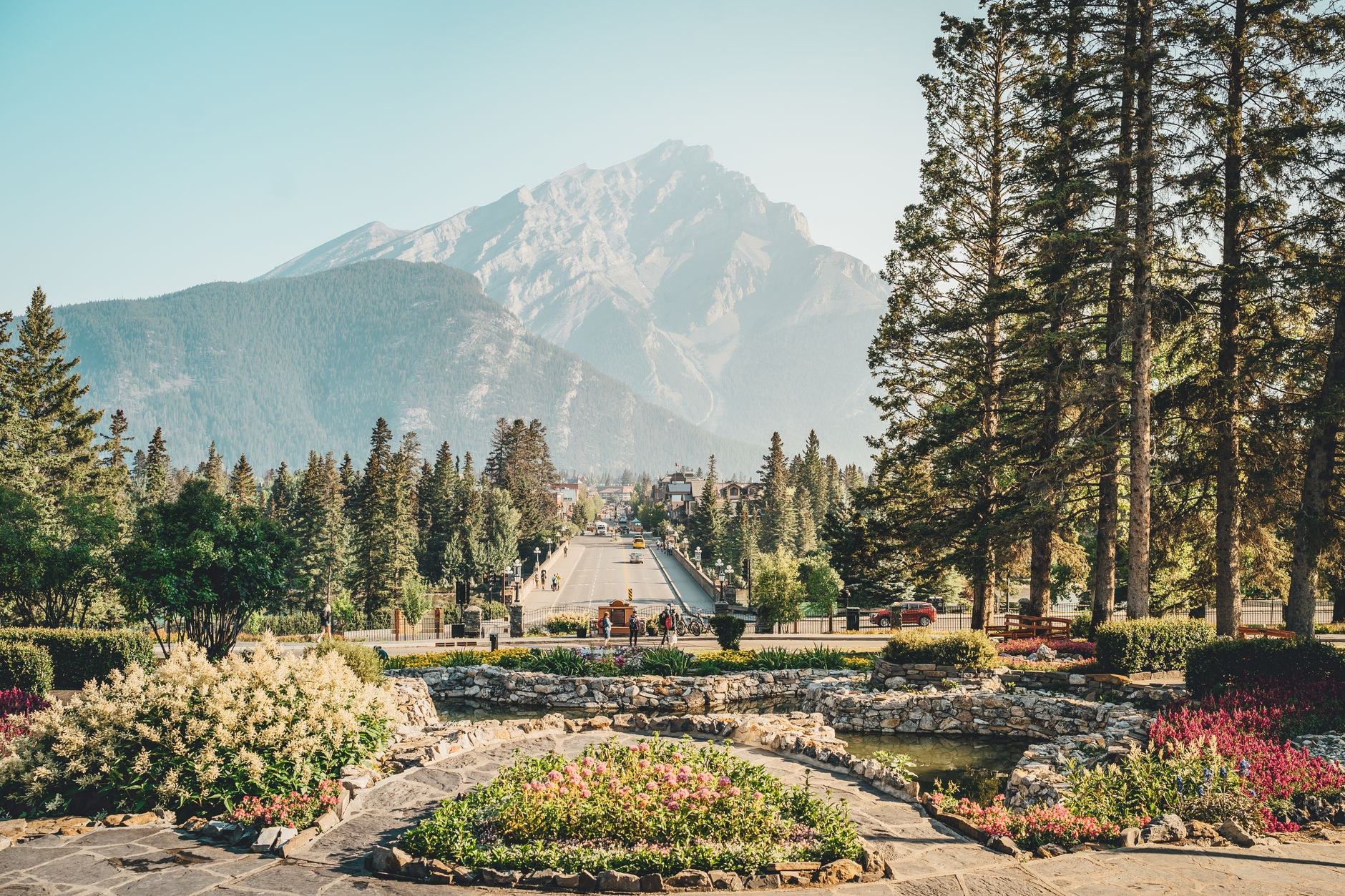 Banff Avenue looking toward the towering massif of Cascade Mountain