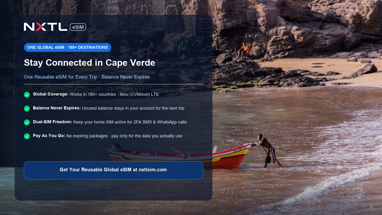 NXTL Cape Verde Travel eSIM mobile data card highlighting 4G LTE network coverage, pay-as-you-go data, and non-expiring balance