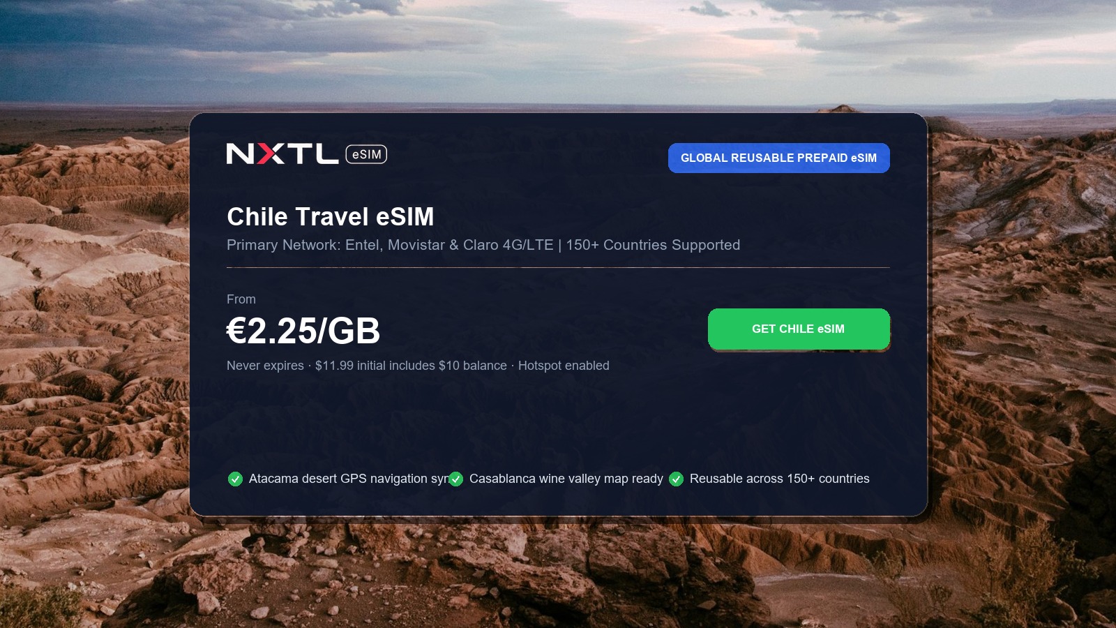 NXTL Global eSIM — one reusable eSIM for 180+ countries with high-speed data across Chile