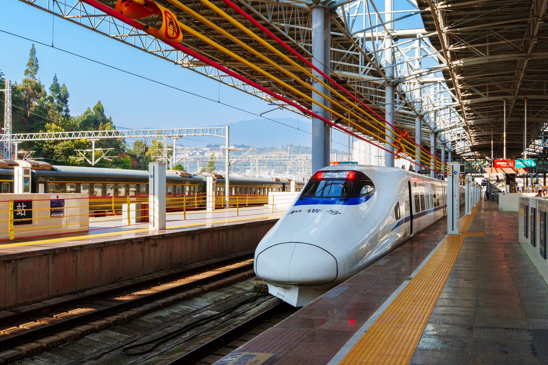 Aerodynamic high-speed Fuxing Hao bullet train waiting at a modern Chinese railway station platform