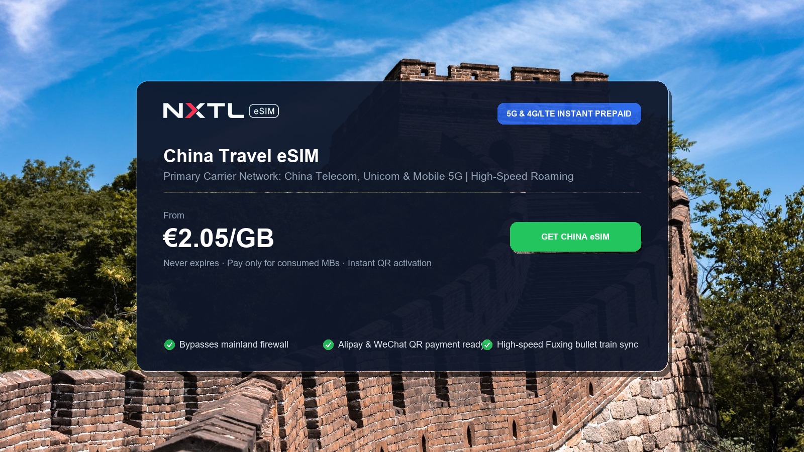 NXTL China prepaid travel eSIM data package options and instant 5G cellular network connectivity across Beijing, Xi'an and Shanghai