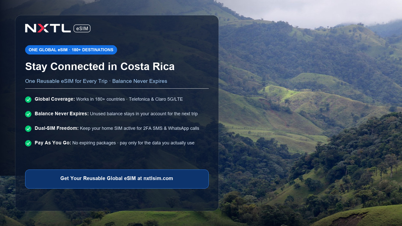 NXTL Global eSIM — one reusable eSIM for 180+ countries with high-speed data across Costa Rica