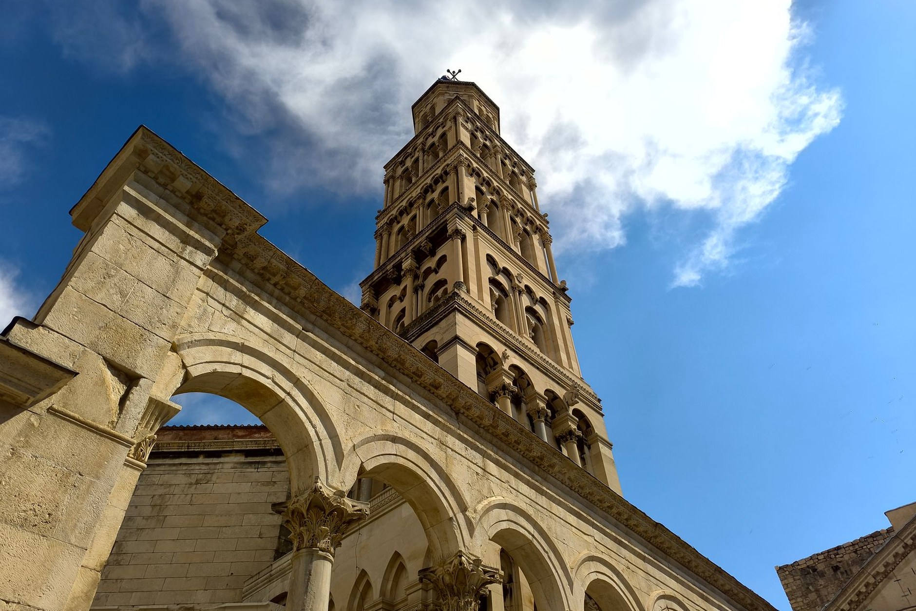 The ancient Roman peristyle courtyard and bell tower inside Diocletian's Palace in Split