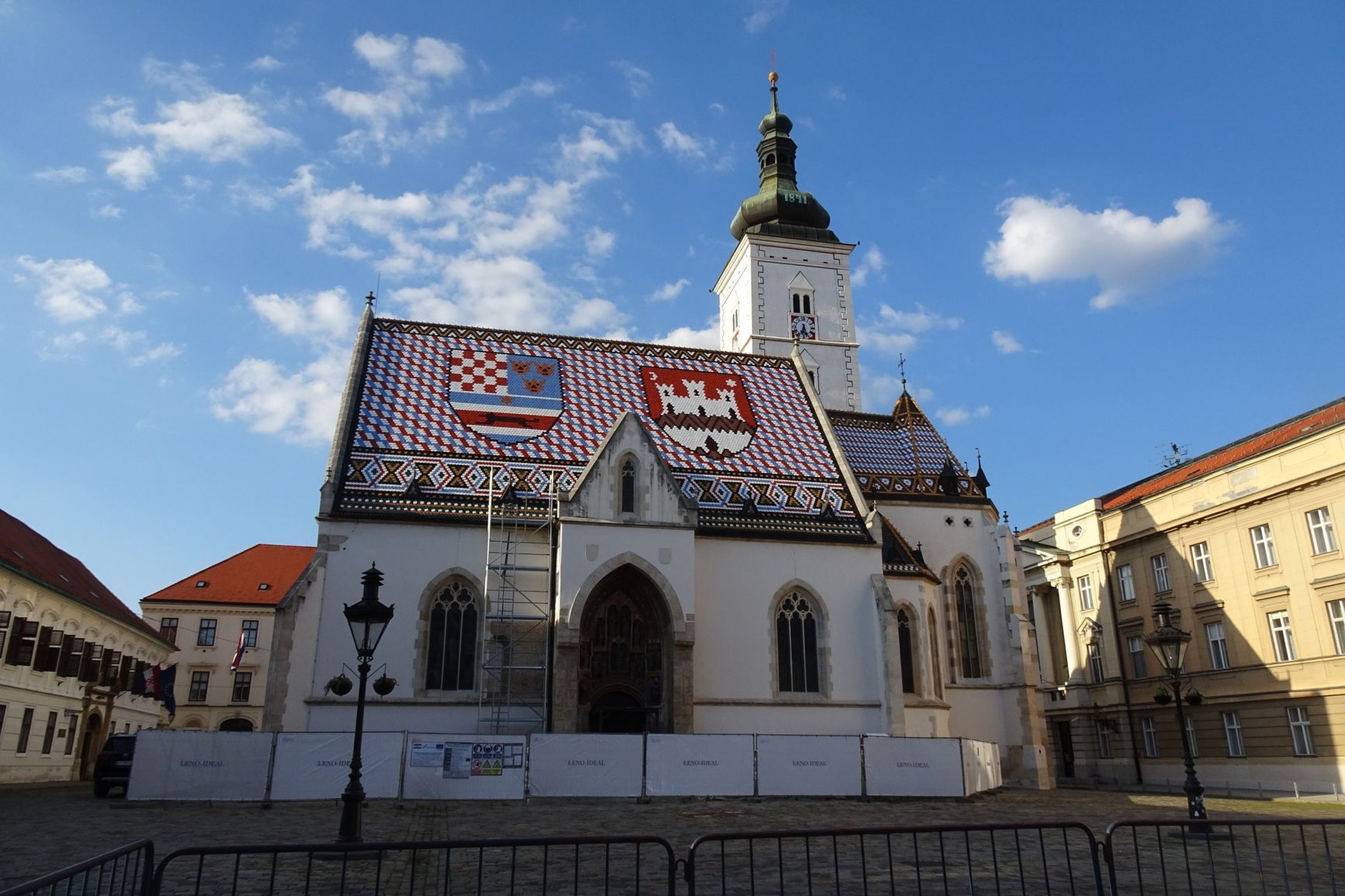 St. Mark's Church in Zagreb with its vibrant tiled roof displaying historic coats of arms