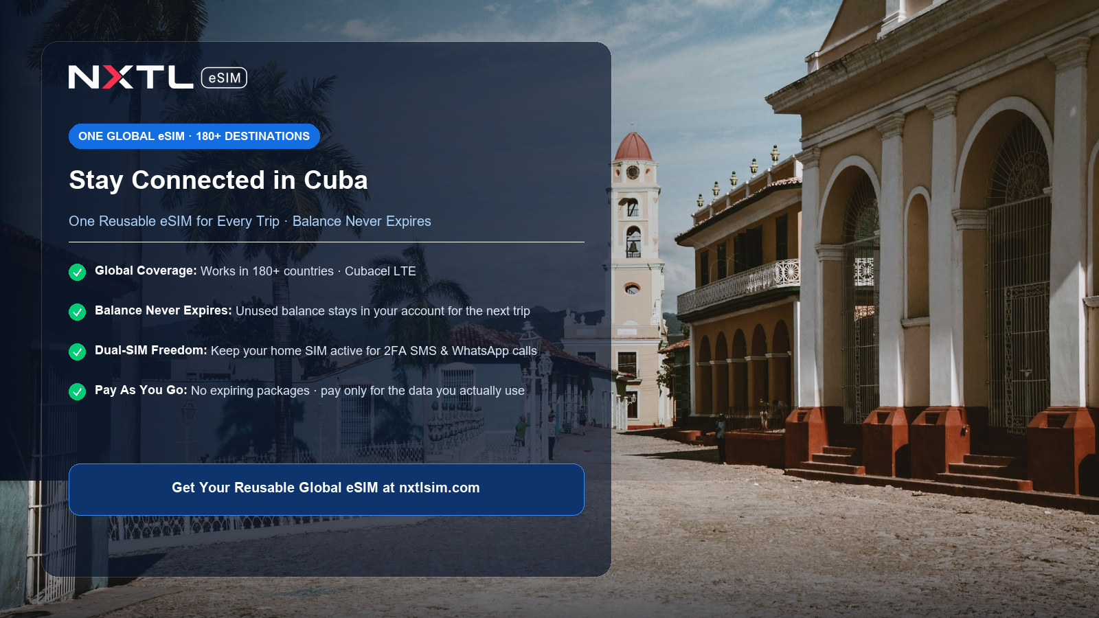 NXTL Cuba Travel eSIM mobile data card featuring direct LTE access on Cubacel network with non-expiring balance
