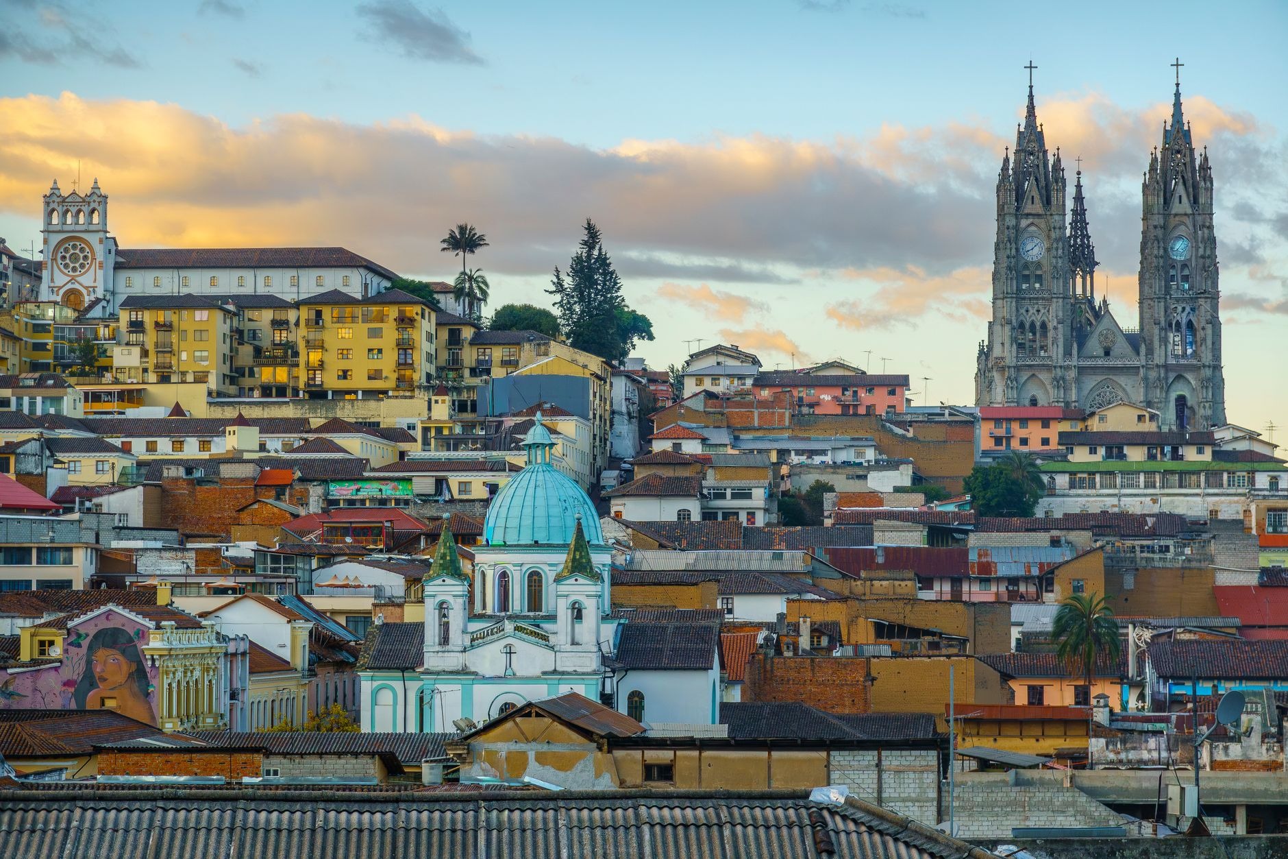 Historic cobblestone plazas and Spanish colonial church spires of UNESCO World Heritage center in Quito Ecuador